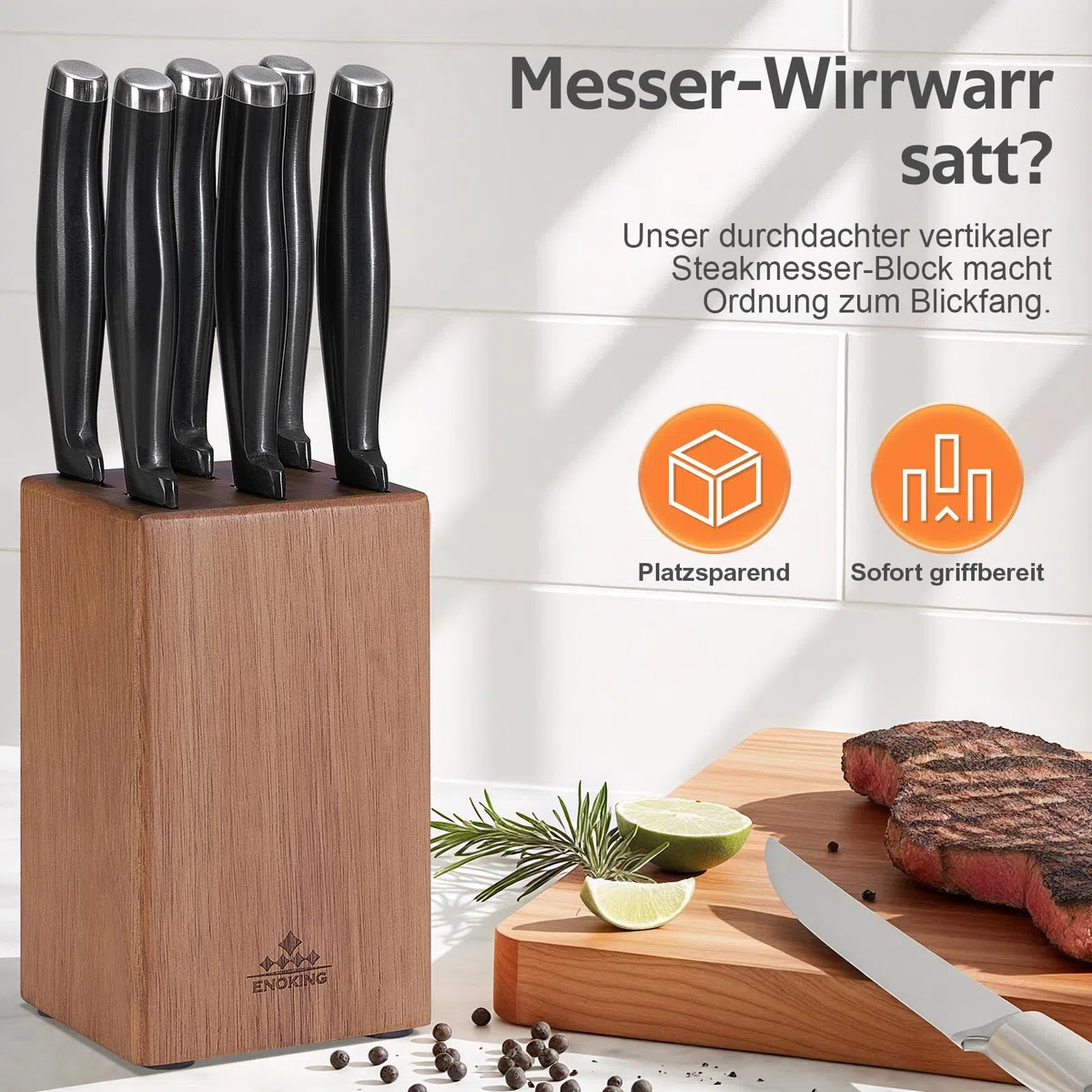 ENOKING Steakmesser Messerblock Ohne Messer, 6 Schlitze Messerblock aus Akazienholz für Steakmesser, Messerhalter Ohne Steakmesser, Küchen Organizer - Platzsparendem und Kompaktem Design