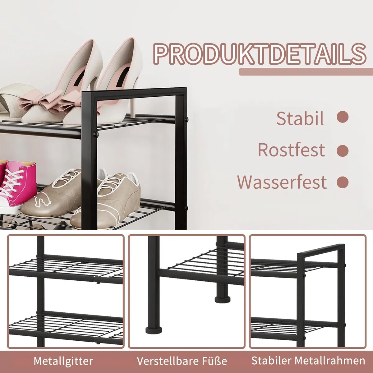 Schuhregal Schwarz Metall, 4 Ebenen platzsparendes Schuhregal, stapelbar & verstellbar, robuster Organizer für Flur, Garderobe & Eingangsbereich