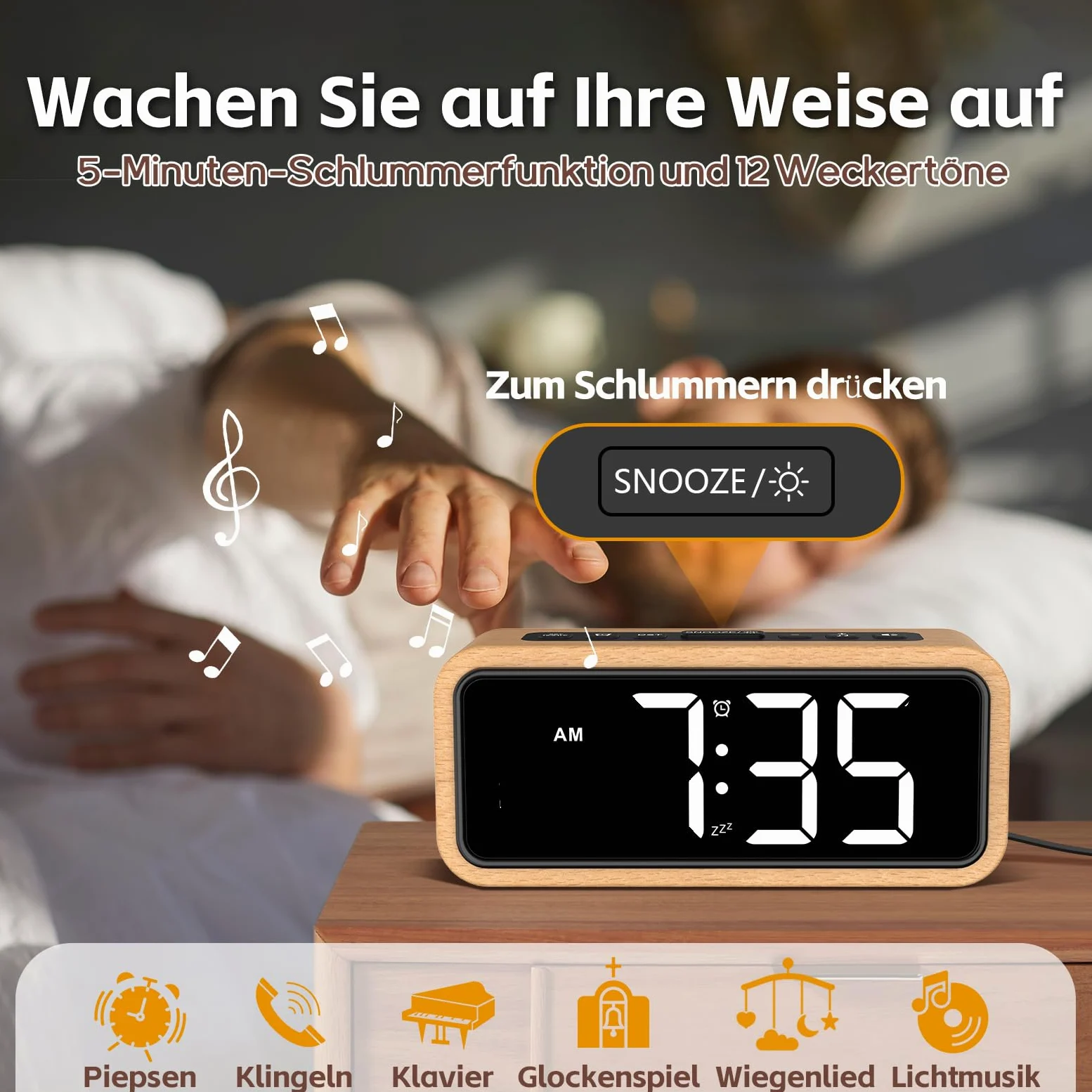 Wecker Laut für Tiefschläfer, Digitalwecker Holz mit LED Anzeige, 12 Alarm-Klingeltöne, 5 Helligkeit Einstellbar, 5 Lautstärken, Manuelles DST, Braun Wecker Retro für Schlafzimmer (Buche-Weiß)