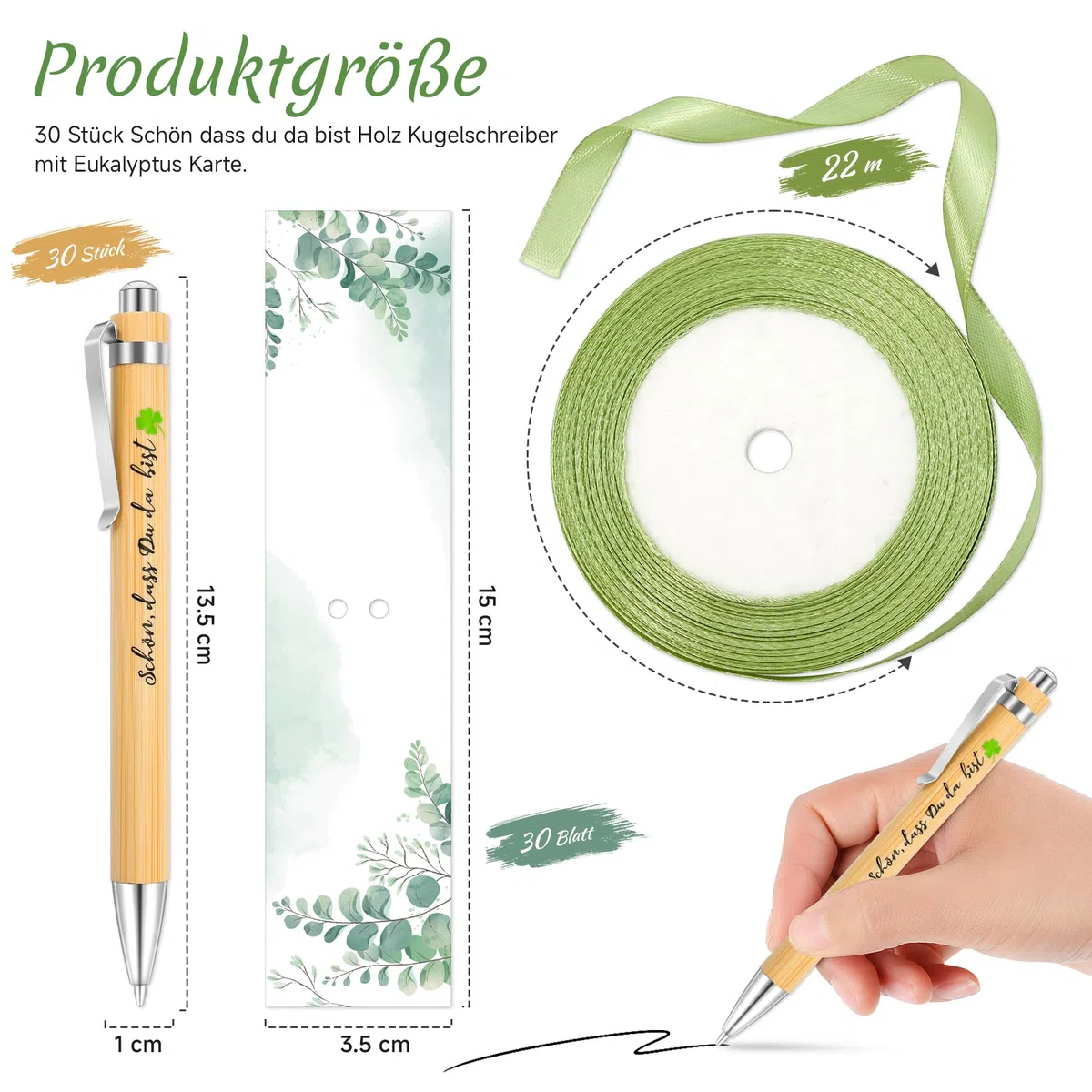 Okoss 30 Stück Schön dass du da bist Holz Kugelschreiber mit Eukalyptus Karte, Stifte Gastgeschenke Hochzeit Taufe Kommunion Konfirmation Geburtstag Abschied Abschluss Dankeschön Geschenk