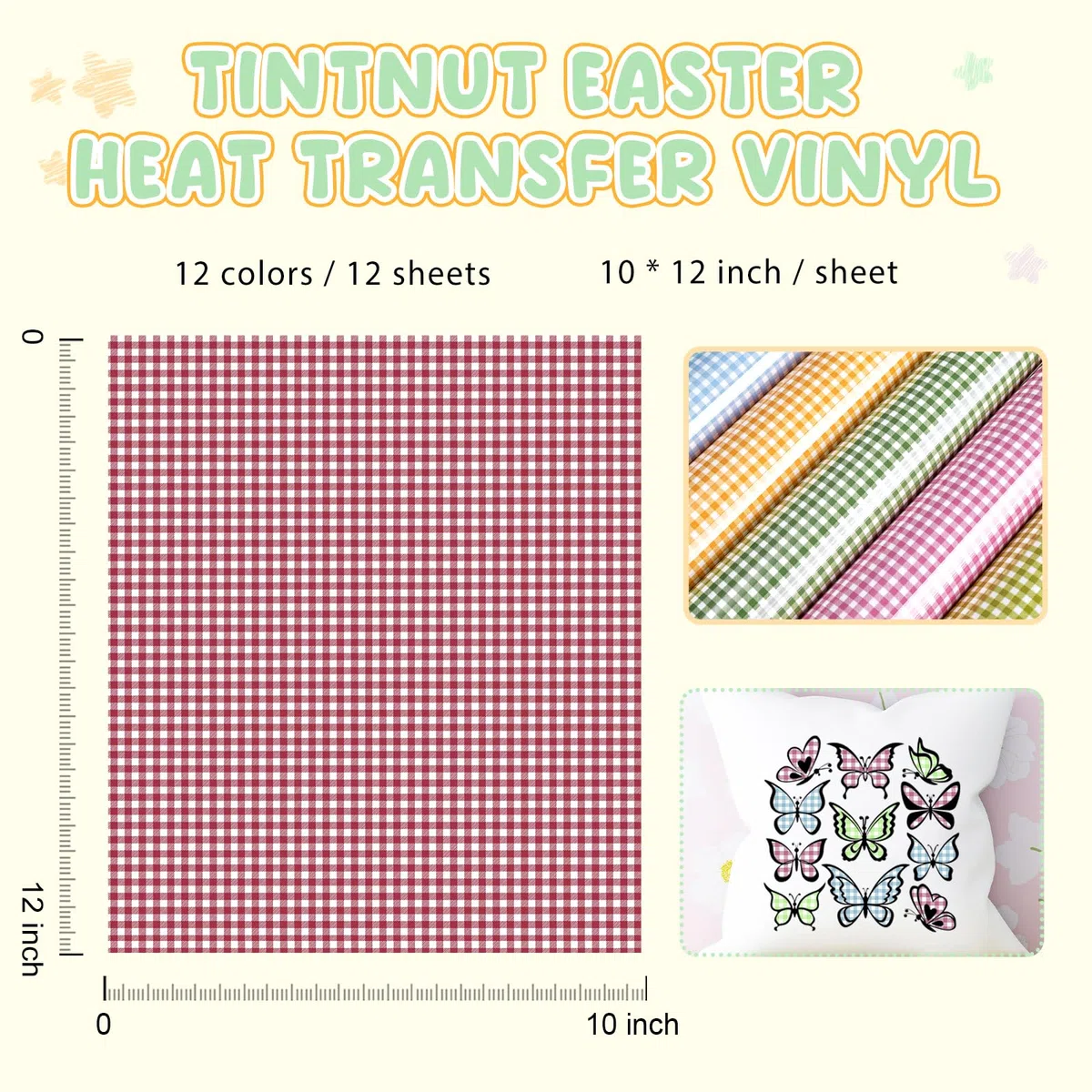 Tintnut Easter Lichtfarbige Plotterfolie Textil Ostern Kariert Iron on Folie Heat Transfer Vinyl 12 Stück 12"x10" Flexfolie Plotter Textil für Kleidung Taschen,Kompatibel mit Allen Schneide Maschinen