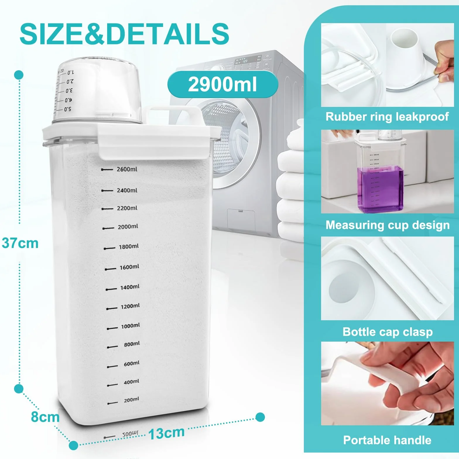 Luftdichter Waschmittelspender Mit Messbecher, Waschpulver Aufbewahrungsbox, PET Kunststoff Klar, BPA-frei, mehrzweck-waschpulver-spender für Waschmittel, Getreide (2900ml)