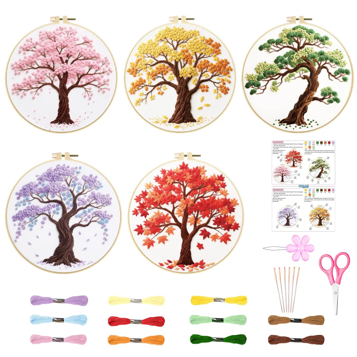 ORIGACH 5-teiliges Stick-Set für Anfänger mit saisonalen Baummotiven, Stick-Starter-Set mit aufgedruckten Motiven, inklusive Stoff, Stickrahmen, Garn und Nadeln