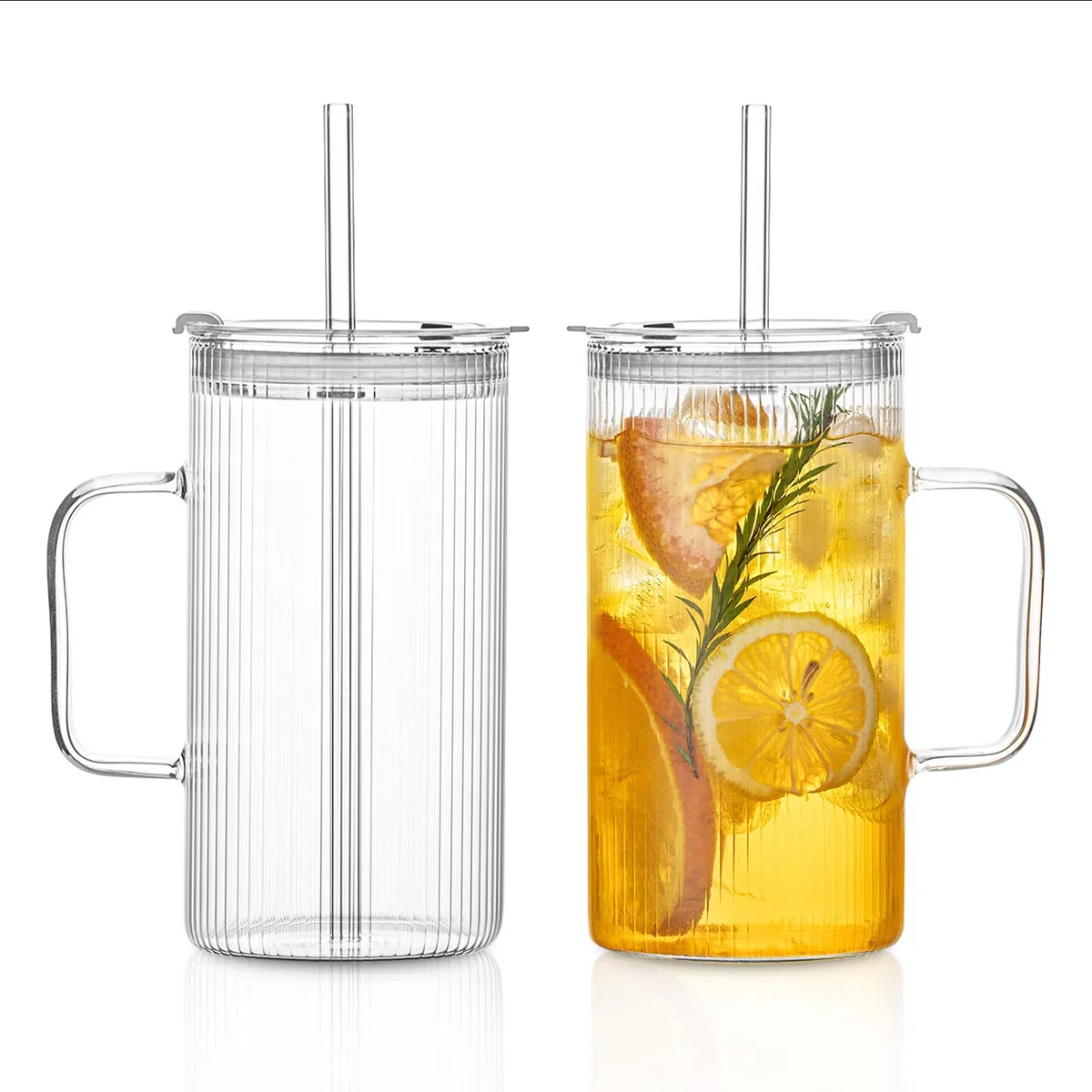 INSETLAN 760ml Große Gerippte Glasbecher mit Henkel und Deckel – 2er Set, Klare Glasbecher mit Wiederverwendbaren Strohhalmen, Vertikale Streifen-Design – Perfekt für Eiskaffee, Tee, Smoothies