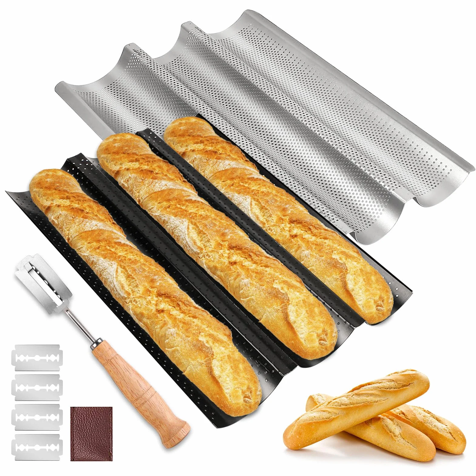 BORDEAG Baguette Backform, 2er Set Baguetteblech für 3 Baguettes mit Bäckermesser, Antihaftbeschichtung Baguette-Backblech, Baguette Blech, Brot Backen Zubehör, 38x24cm