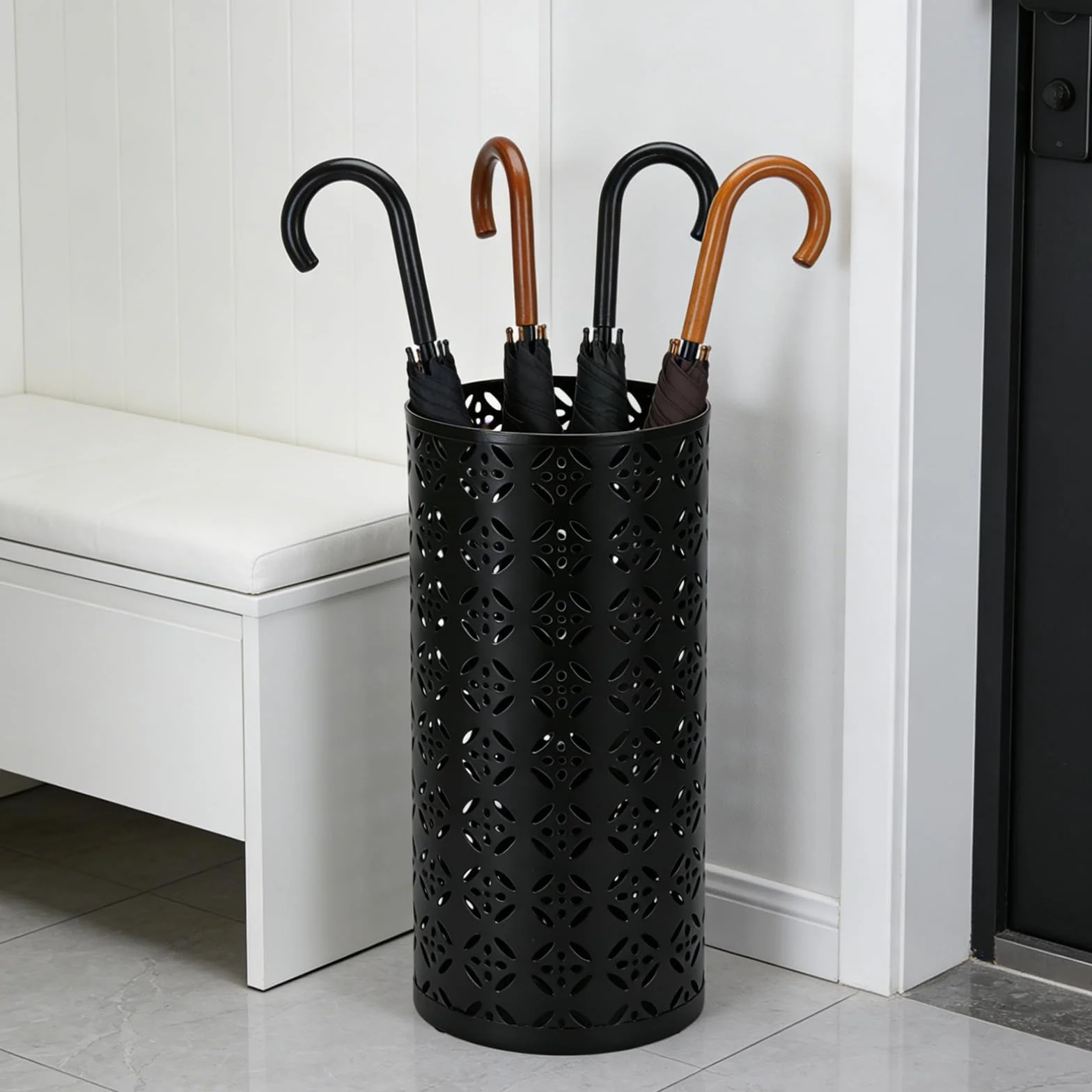 PORFOYO Schirmständer, Runder Regenschirmständer aus Metall, Schwarz Regenschirm Ständer, 15x15x35 cm Freistehender Schirmständer Regenschirm, Umbrella Stand für Eingangsbereich, Haus, Lobby, Büro
