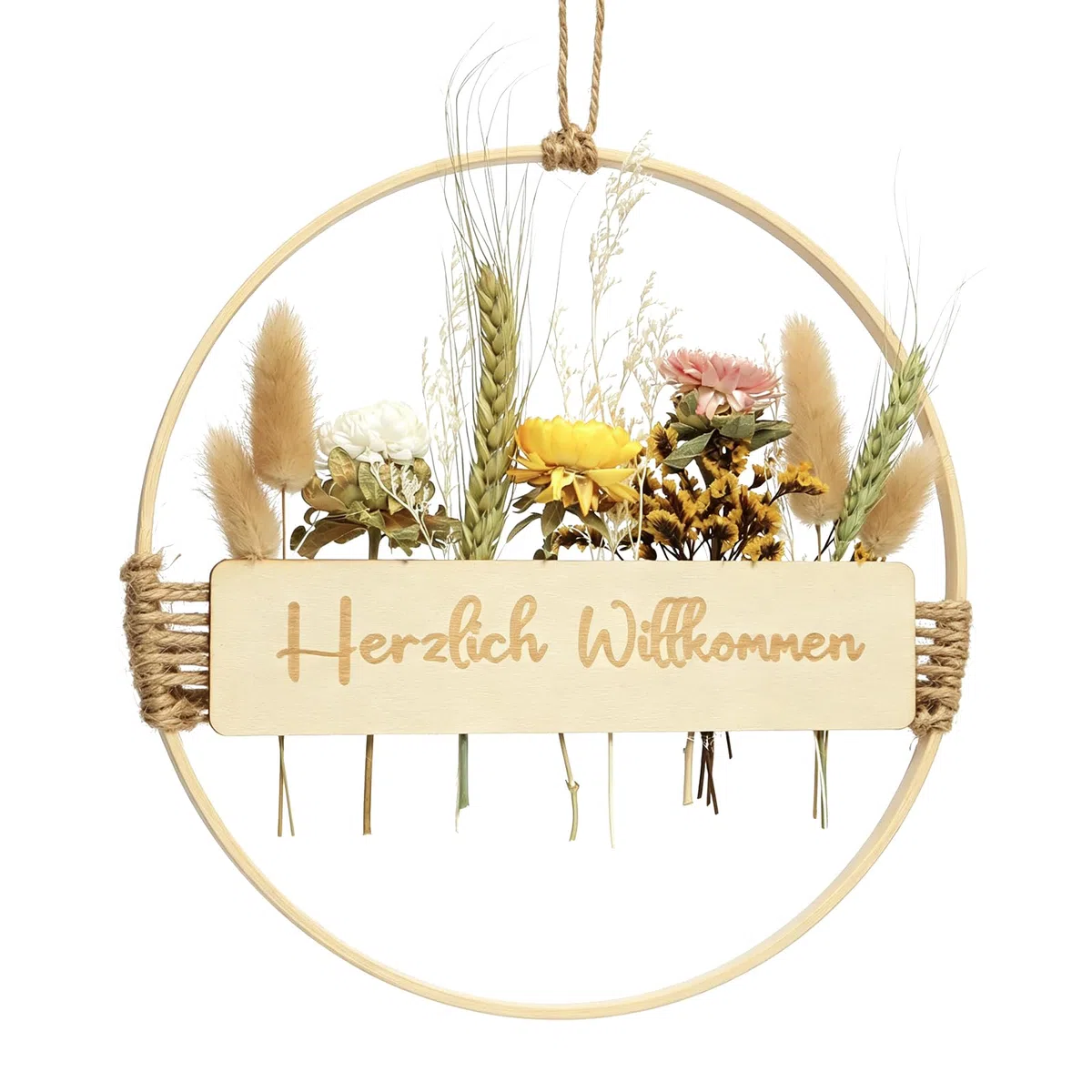Trockenblumenkranz, 25 * 25cm Willkommen Türkranz Deko, Türkranz Sommer Boho Türdeko Ganzjährig Willkommensschild Haustür Hängedeko Trockenblumen Kranz für Wand Fenster Hochzeit Wohnzimmer Deko