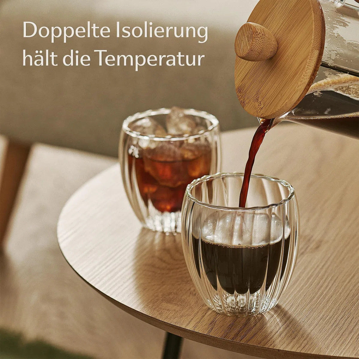 Cosumy Doppelwandige Cappuccino Gläser 230ml - 4er Set - Elegantes Riffel-Design - Kristallklare Thermogläser - Spülmaschinenfest