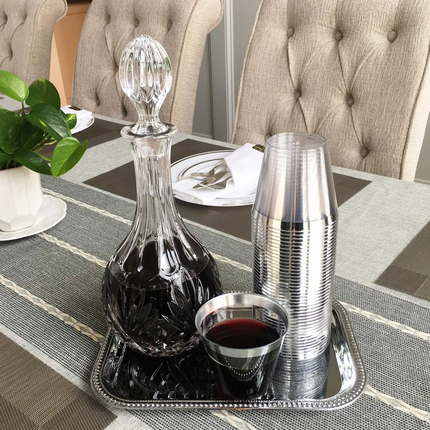 LATERN 60 Stück Plastikbecher mit Silberrand, 270ml Becher aus Kunststoff Wiederverwendbare Trinkbecher Elegante Party Weingläser für Champagner Bier Cocktail Martini Soda Dessert (8,9 x 7,1cm)