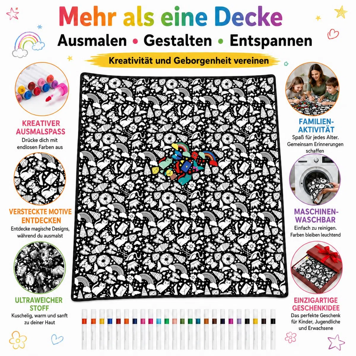 VEELU DIY Maldecke Decke zum Ausmalen mit 24 Stoffmalstiften, Decke zum Bemalen Erwachsene, Maldecke zum Ausmalen 150 x 115 cm, Kreative Geschenk für Familie & Freunde