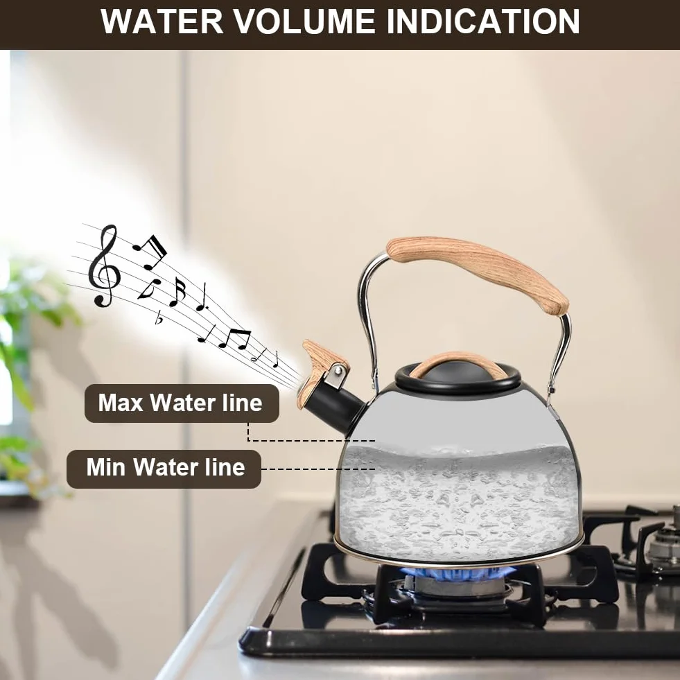 Flintronic Wasserkessel, 3L Edelstahl Pfeifkessel, Flötenkessel mit Holzmasergriff, Teekessel für alle Kochplatten, Wasserkocher Teekocher für Tee & Kaffee