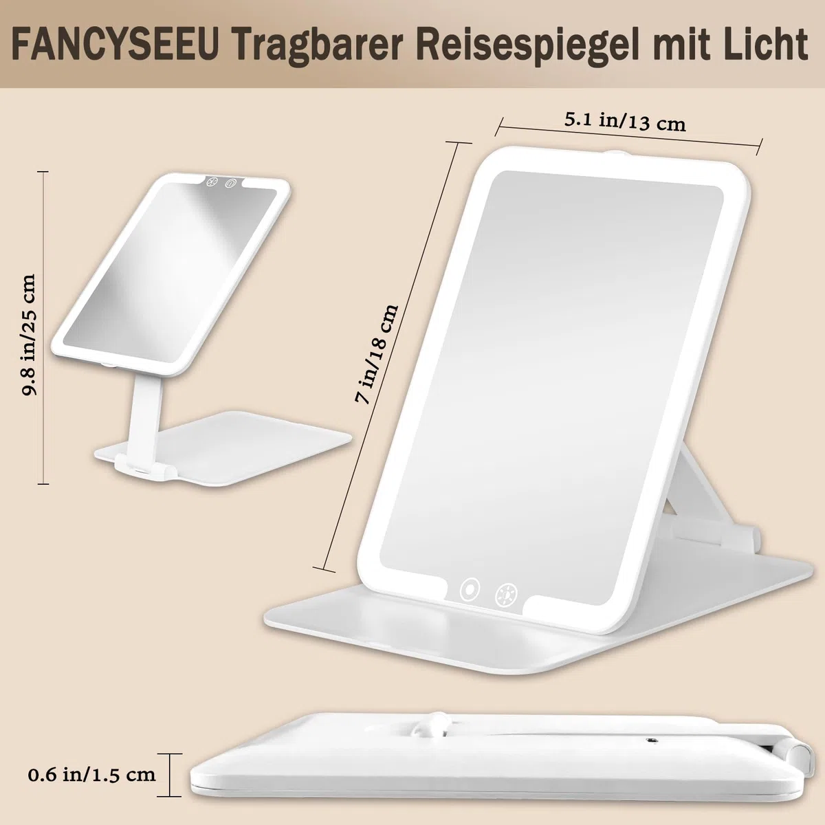 Kosmetikspiegel mit Beleuchtetung, Wiederaufladbar Touchscreen Schminkspiegel, 3 Farben Dimmbarer Faltbar Tischspiegel, Ultraschlank Tragbarer Reisespiegel mit Licht