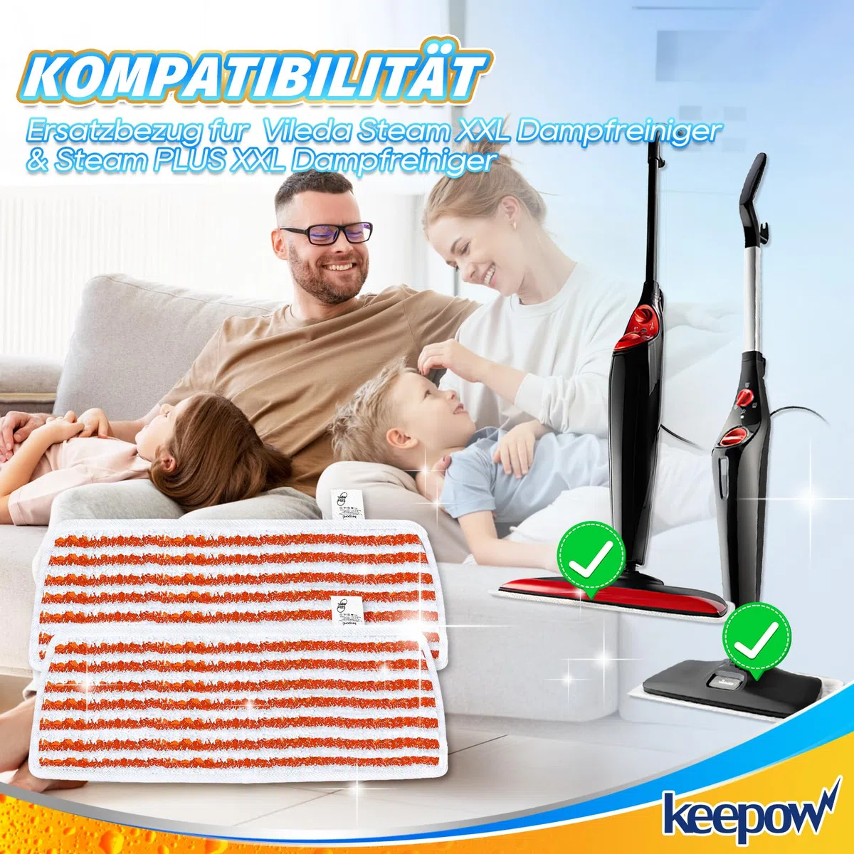 KEEPOW 8er für Vileda Steam PLUS XXL Dampfreiniger Ersatzbezüge, Waschbar Ersatzbezug für Vileda Dampfreiniger, Mikrofaser für Vileda Steam Plus Pro XXL Dampfreiniger - Mit kräftigem Schrubberstreifen