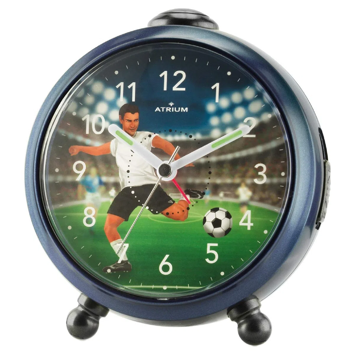 ATRIUM Kinderwecker Jungen Scorer Fußballer Stadion Dunkelblau Grün Schwarz Analog Quarz ohne Ticken mit Licht und Snooze A932-5