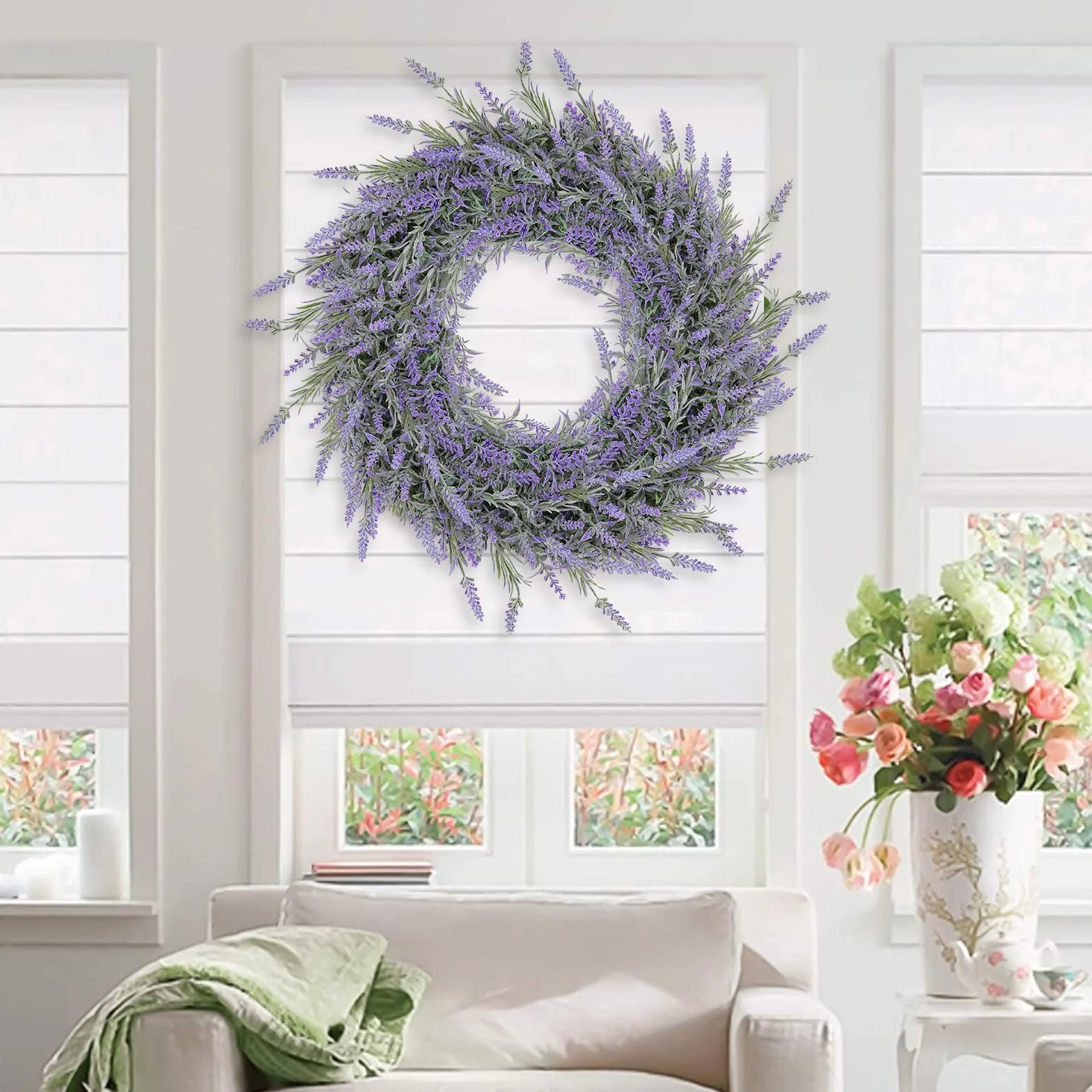 Enyhom 40 cm Künstliche Lavendel Haustür Kranz Im Freien Blume Kranz für Haustür Hängen Wand Fenster Hochzeit Party Decor