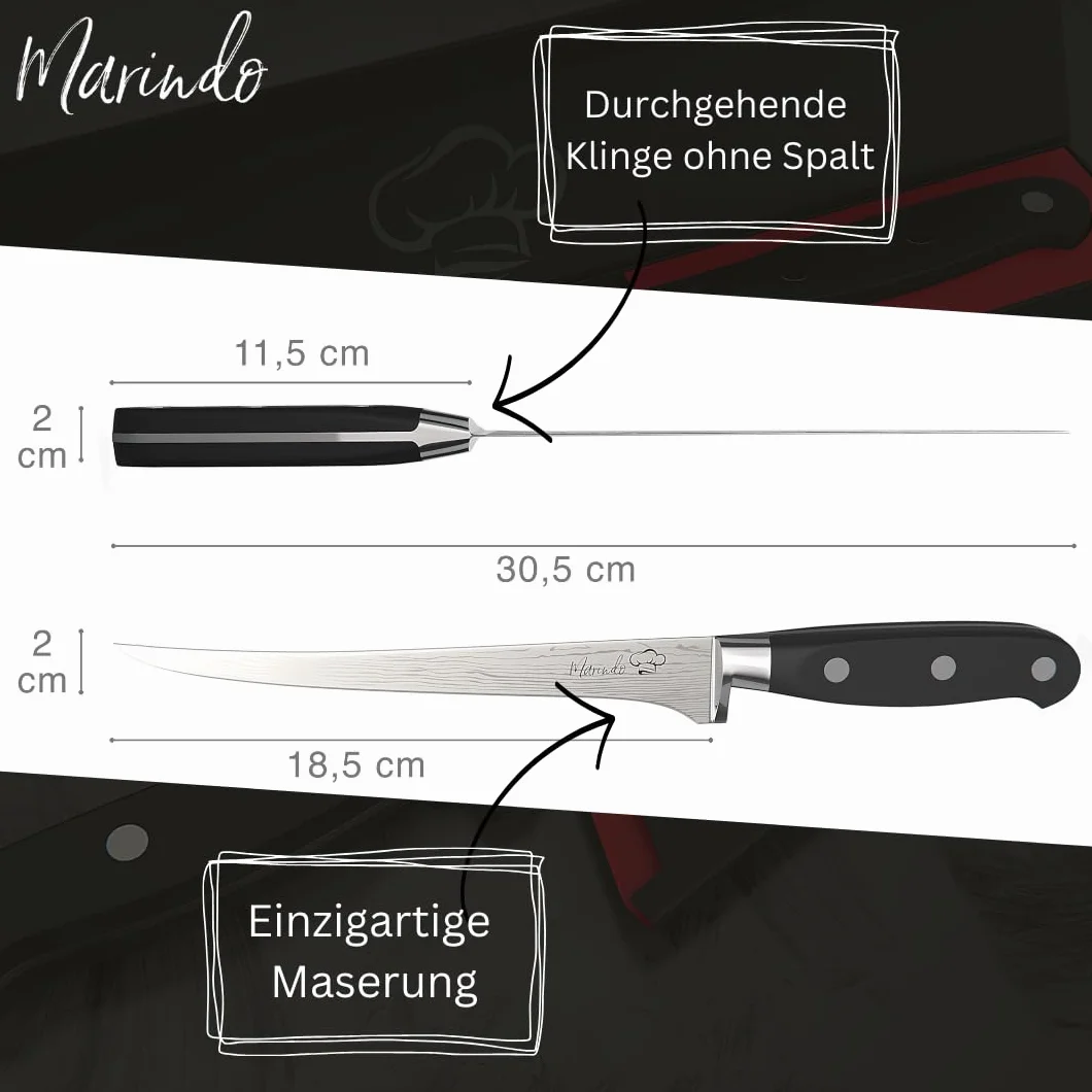 Marindo Profi Filetiermesser inkl. Scheide | Gesamtlänge: 30,5cm | Klingenlänge: 18,5cm | für Fisch und Fleisch | Edelstahl Filetiermesser mit stabilem Griff | Fischmesser extrem scharf
