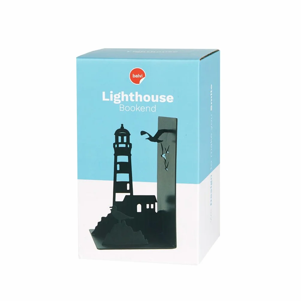 Balvi Buchstützen Lighthouse Farbe Schwarz Klassischer Ausblick auf die Küste: Leuchtturm und Möwen M