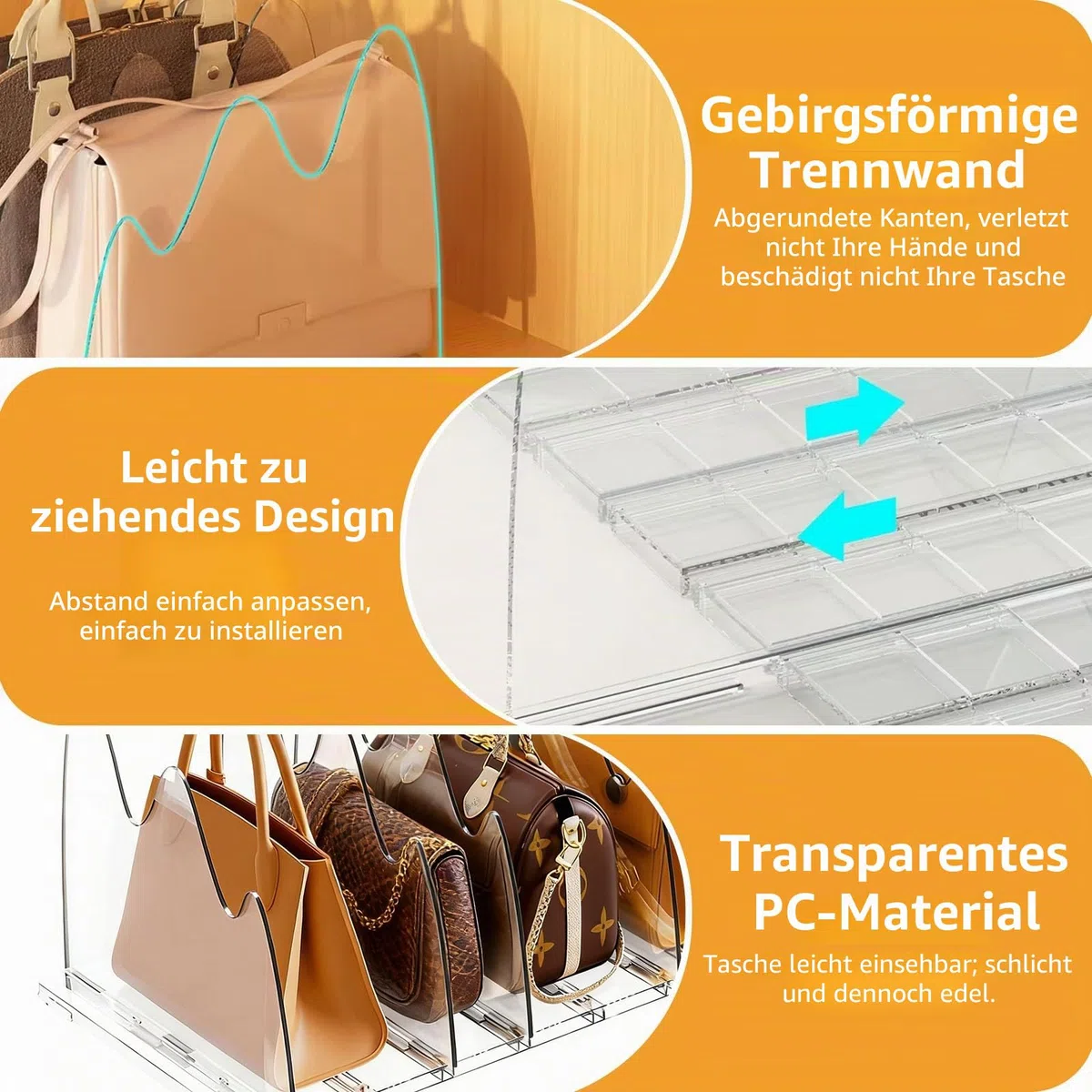 2 Stück Handtaschen Trenner Aufbewahrung für 6 Taschen Regalteiler für Schrank verstellbare Geldbörsen Organizer Handtaschentrenner Taschenständer für Schlafzimmer, Schränke, Büro, Bad