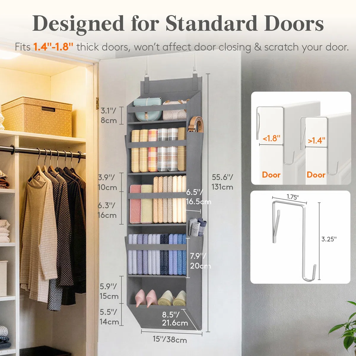 Lifewit Türorganizer Hängeorganizer, 5 Regal klar Fenster hängende Lagerung mit 4 Seitentaschen, Tür Organizer, Hängeaufbewahrung Benutzt für Bad, Schlafzimmer, Wohnheim, Grau,140 cm(H), 1 Pack