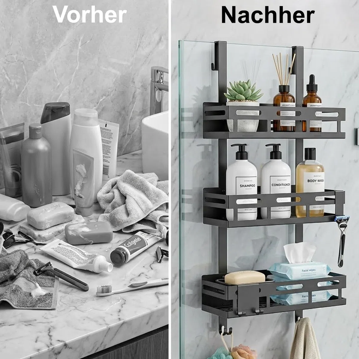Vorlestour Duschablage 0hne Bohren Schwarz, Duschablage zum Hängen für Duschkabinentür, Duschregal zum Hängen mit 3 Duschkorb, 6 Saugnäpfe, 1 Glaswischerhaken und 2 Beweglichen Haken Ausgestattet