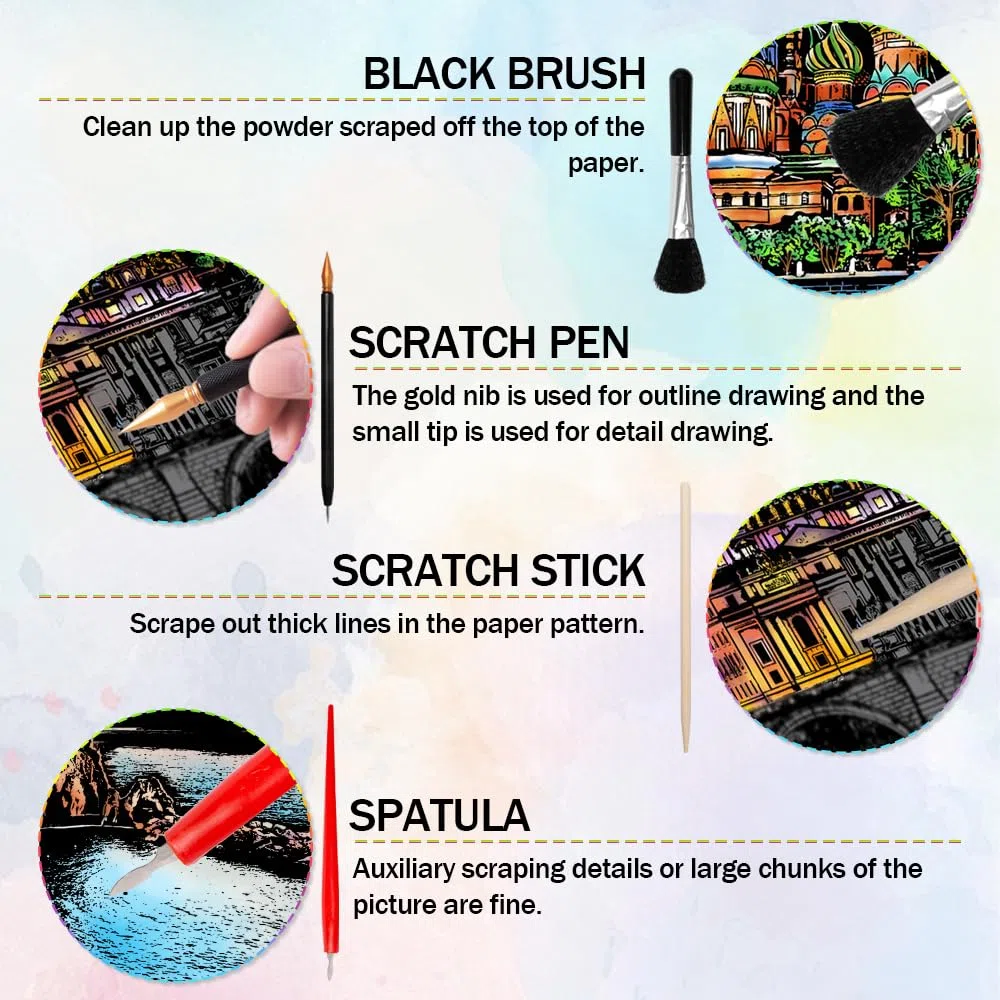 12Stück Magic Rainbow Kratzpapier A4 Kratzbilder Erwachsene Sehenswürdigkeiten Wandbild mit Kratzwerkzeuge Kit City Series Night Scene Regenbogen-Kratzkunst für Erwachsene Kinder DIY-Handwerk