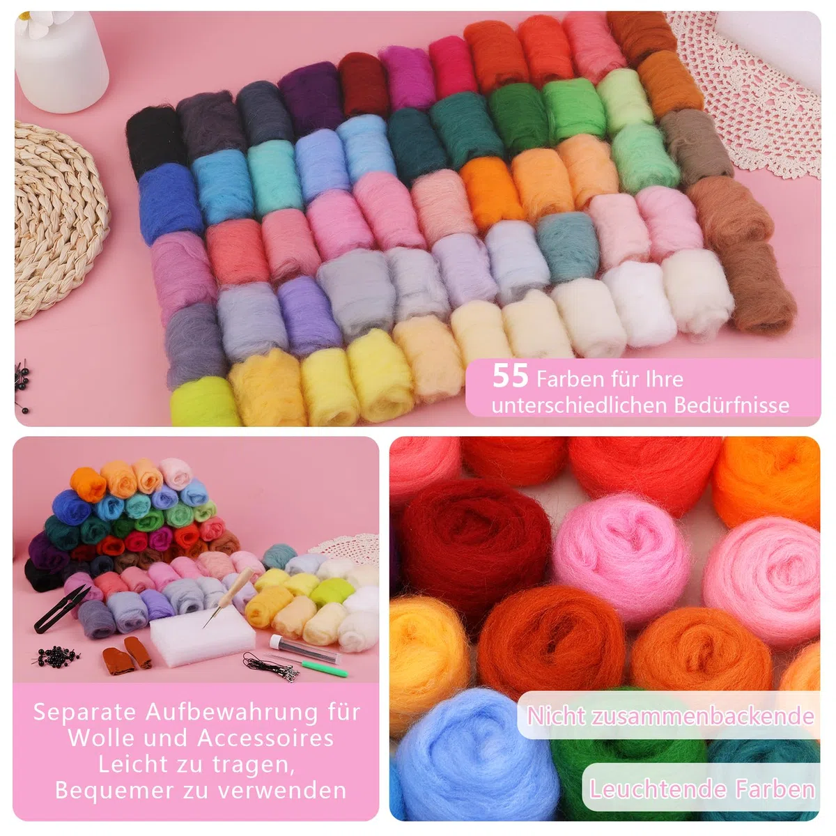 Reovin 55 Farben Nadelfilz Set, Filz Starterset Filzwolle Nadelfilzen Set mit Filznadeln, Schaumstoffmatte und Aufbewahrungstasche Filzwolle Nadelfilz Werkzeu für DIY Handwerk