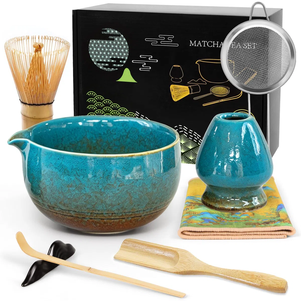 Matcha Set 8-teiliges Premium Tea Set mit Schale mit Ausgießer & Bambus-Chasen (100 Spitzen), Halter, Löffel, Sieb, Tuch – Japanisches Matcha Kit, zeremonielles Starter Set für Matcha-Liebhaber (Blau)