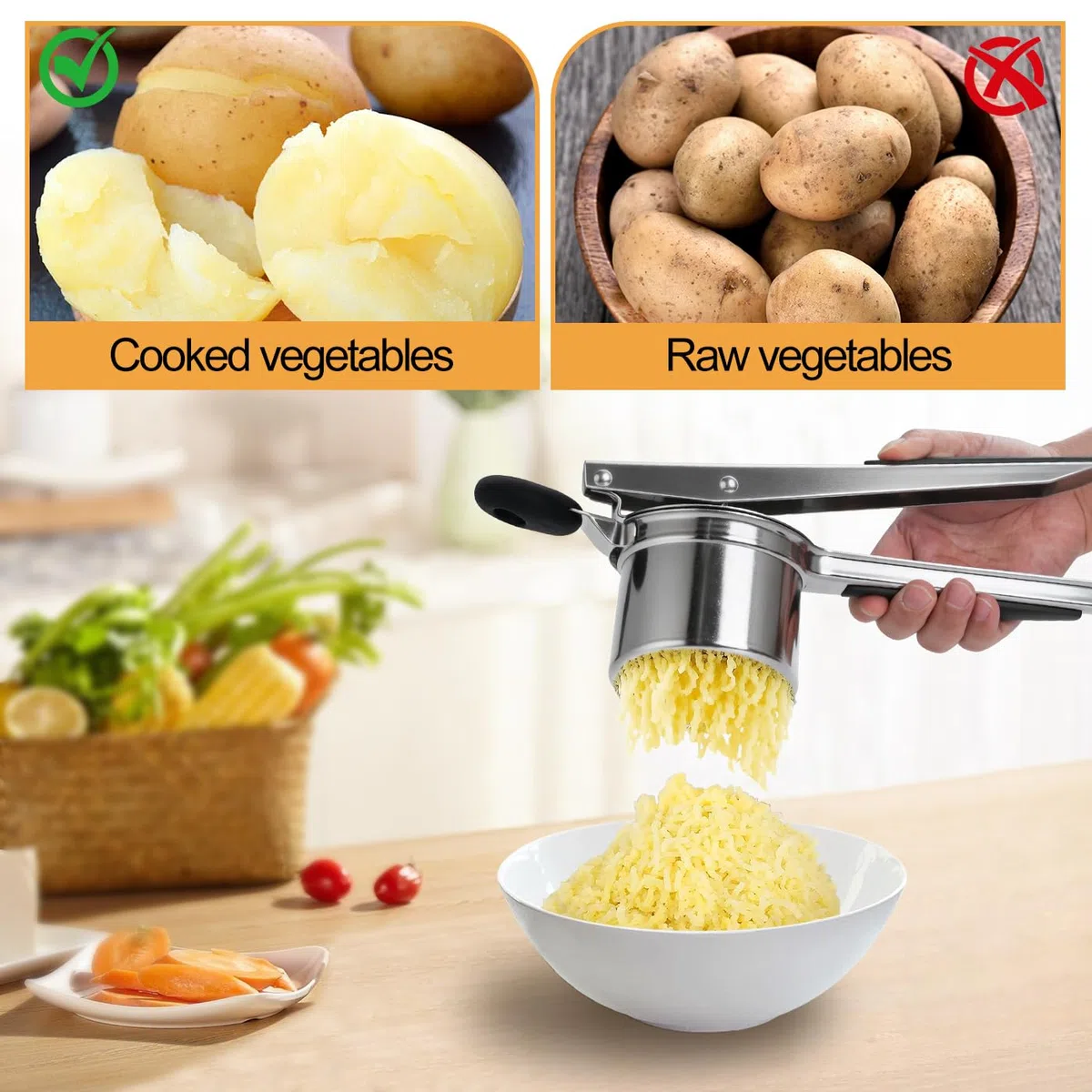 Edelstahl Kartoffelpresse mit 4 auswechselbaren Sieben | Spätzlepresse für Kartoffelbrei, Gemüse | Spaghettieis-Quetsche, Spätzlehobel