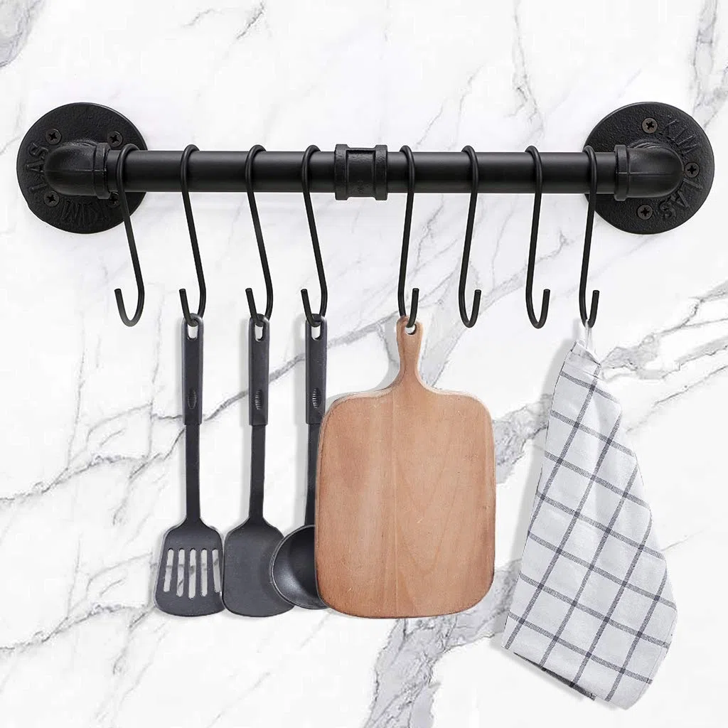 BTSKY 40 cm industrielles Rohrpfannenregal mit 8 Haken – Wandmontage, Küchenutensilien, Kochgeschirr, Aufhänger, Organizer, Küchenutensilien, Deckel, Handtuchhalter