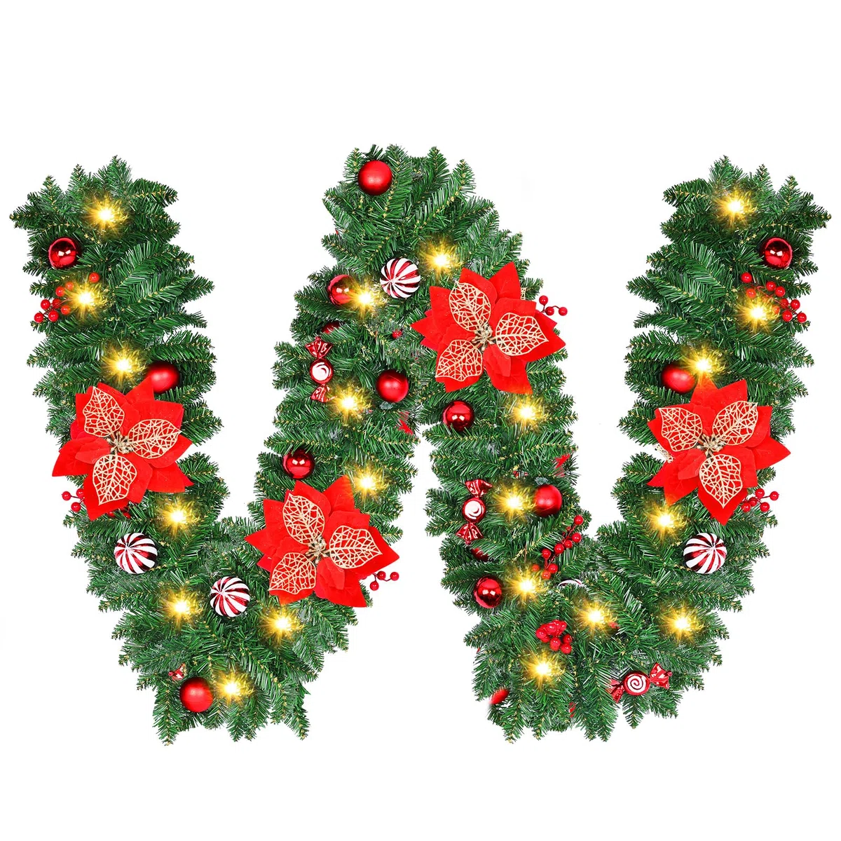 270cm Weihnachtsgirlande, Weihnachtsdeko Girlande mit Beleuchtung, 30 LED Weihnachtsdeko Girlande, Künstlicher Weihnachtsgirlande, Kamin & draußen, Weihnachtsdekoration