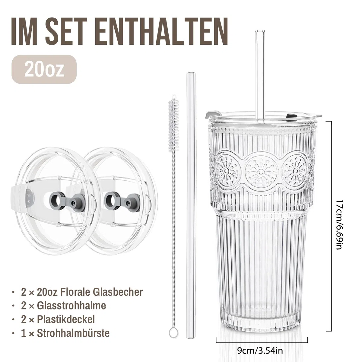 SoulTimes 600 ml Glasbecher mit Deckel und Glasstrohhalm, 2 Stück – Wiederverwendbare Trinkgläser für Eiskaffee, Wasser, Smoothies, Milch, Cocktails & Matcha – Perfekt für Alltag und Reisen