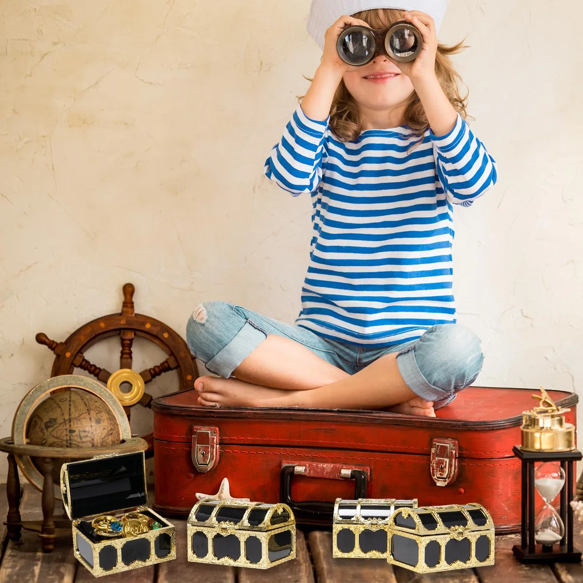 Klein Piraten Schatztruhe Set 12 Stück Mini Schatzkiste,12 Edelsteine für Kinder und 12 Goldmünzen Plastik für Süßigkeiten Spielzeug für Piraten Deko Schatztruhe Kindergeburtstag Piratenparty