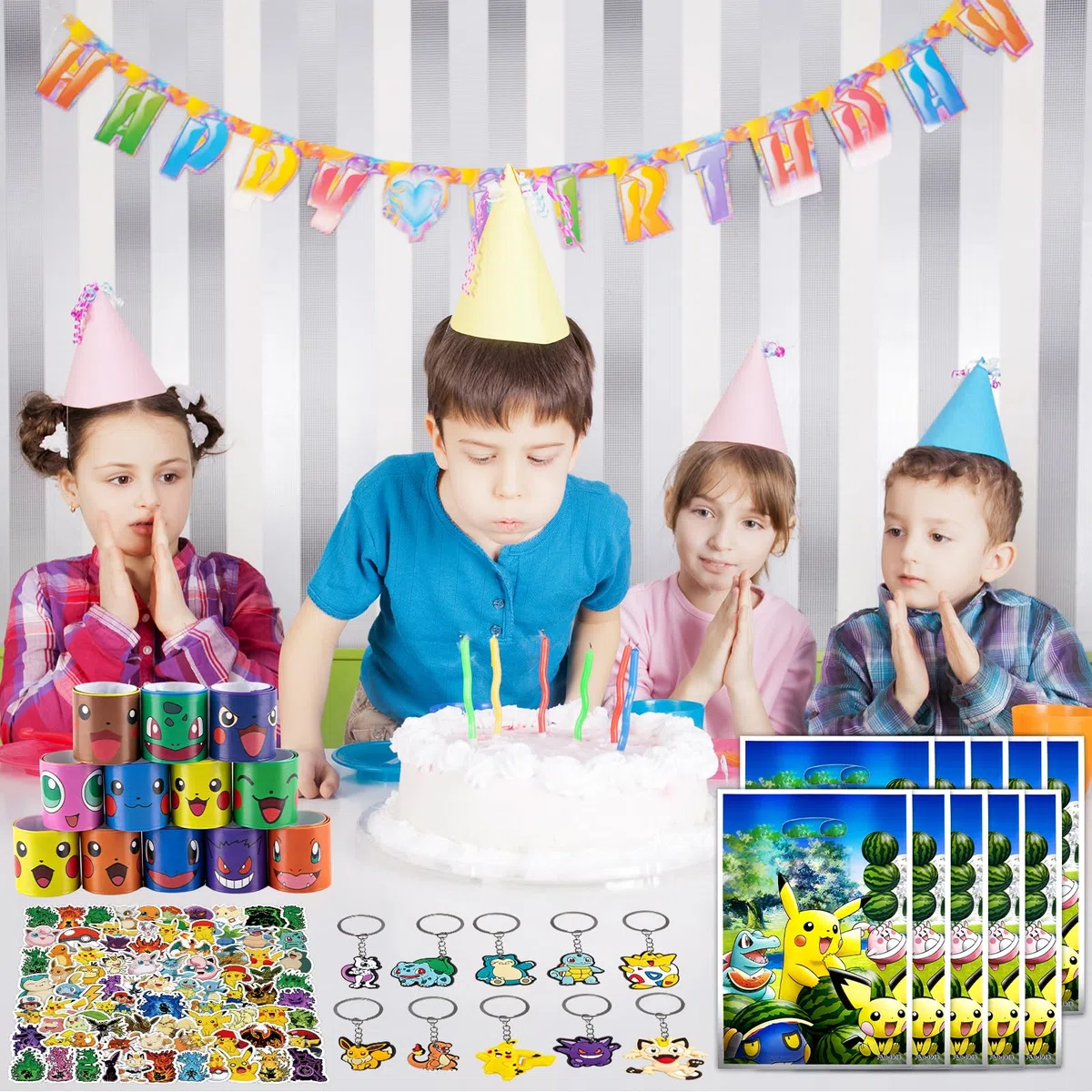 132 -teiliges Party Mitgebsel Set für Geburtstag – mit 100 Stickern, 10 Geschenktüten, 12 Schnapparmbändern & 10 Schlüsselanhängern