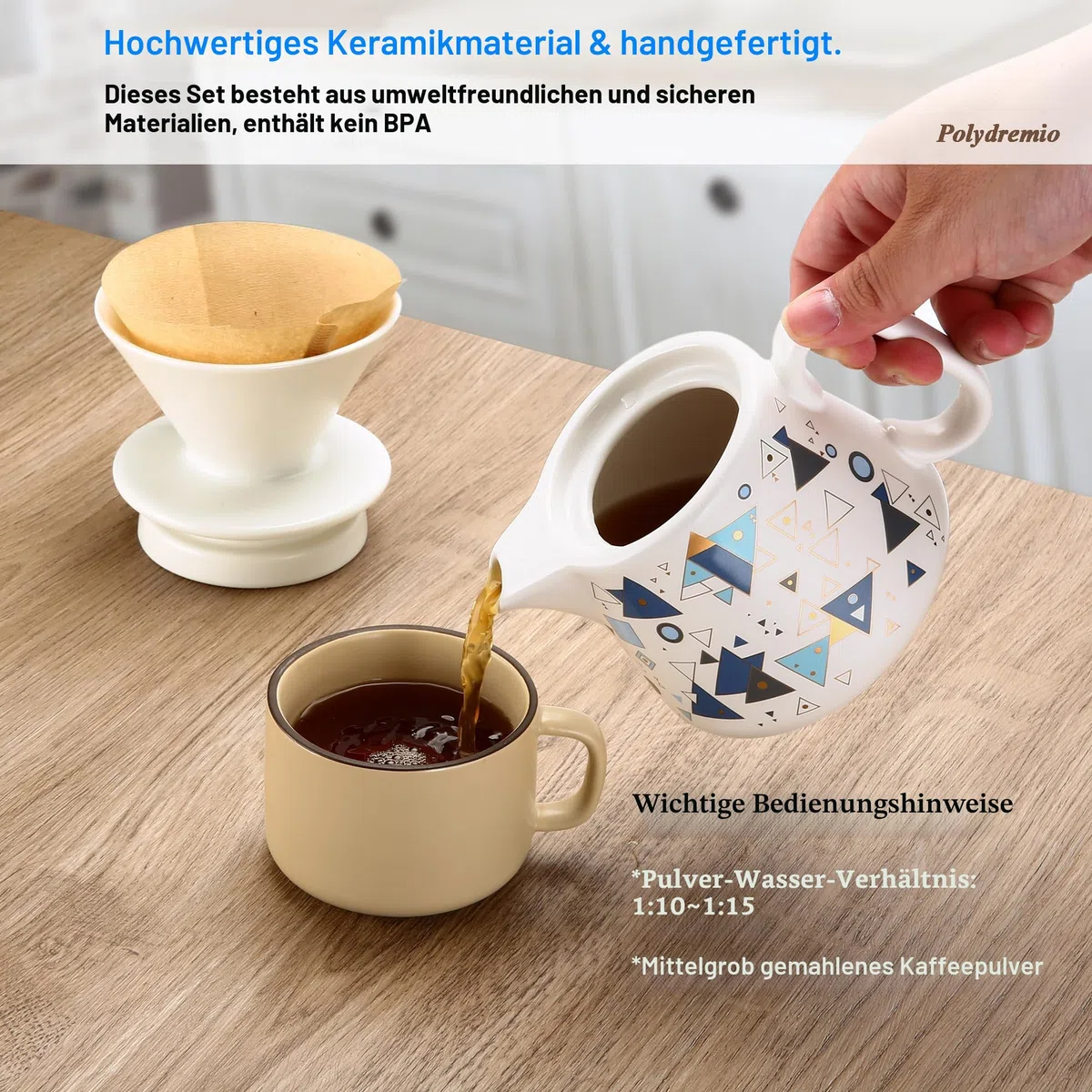 Pour Over Kaffeemaschine, Keramik-Kaffeetropfer mit 100 Stück Größe 02 Papierfilter, Keramik-Kaffeeservice mit Deckel, 450 ml, geeignet für 1-2 Personen (Weiß A)