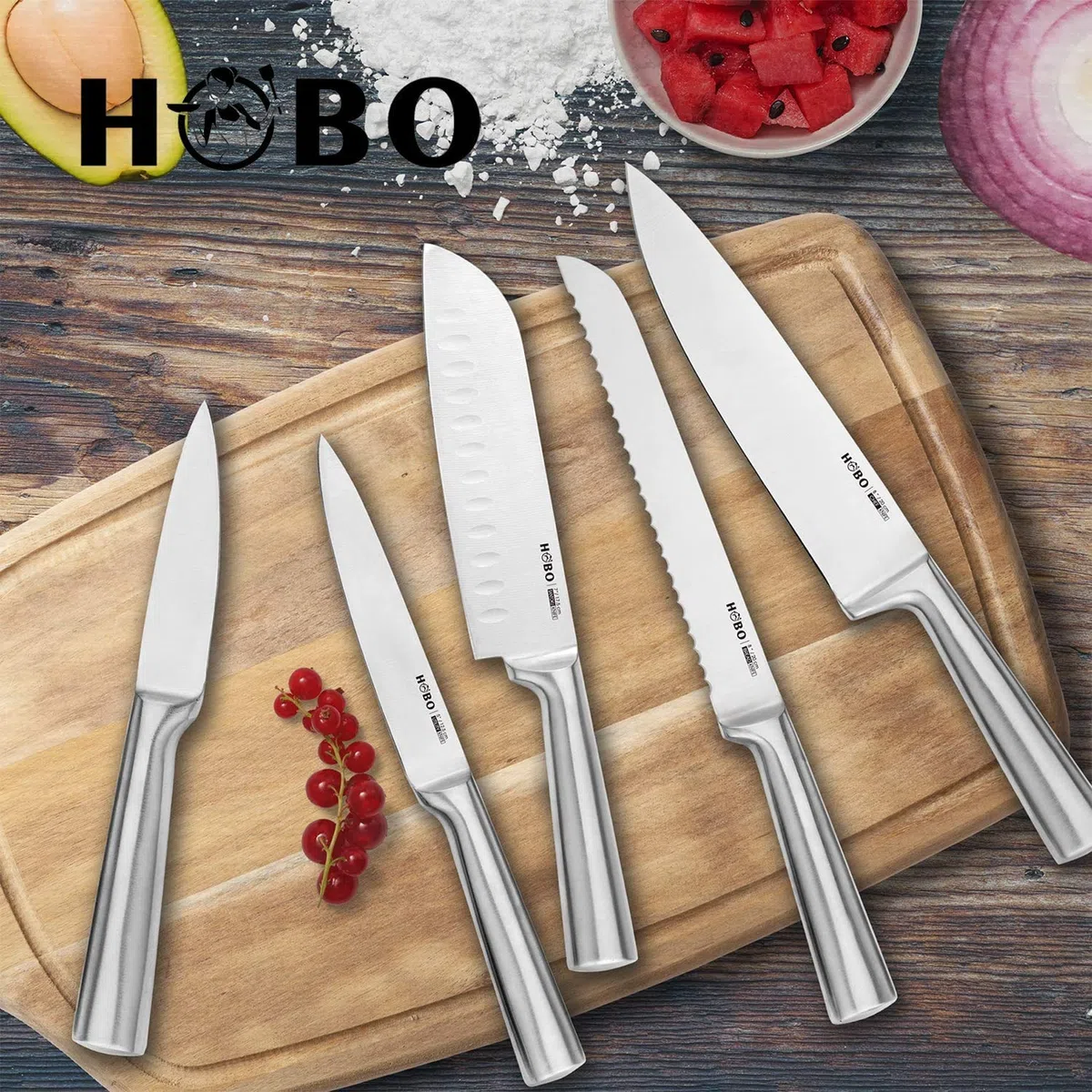 HOBO Profi Messer Set 5 teilige, Küchenmesser Set mit Edelstahlklinge aus Edelstahl, Scharfes, Rutschfester, Gefrosteter Griff - Kochmesser/Brotmesser/Santoku/Universalmesser/Gemüsemesser