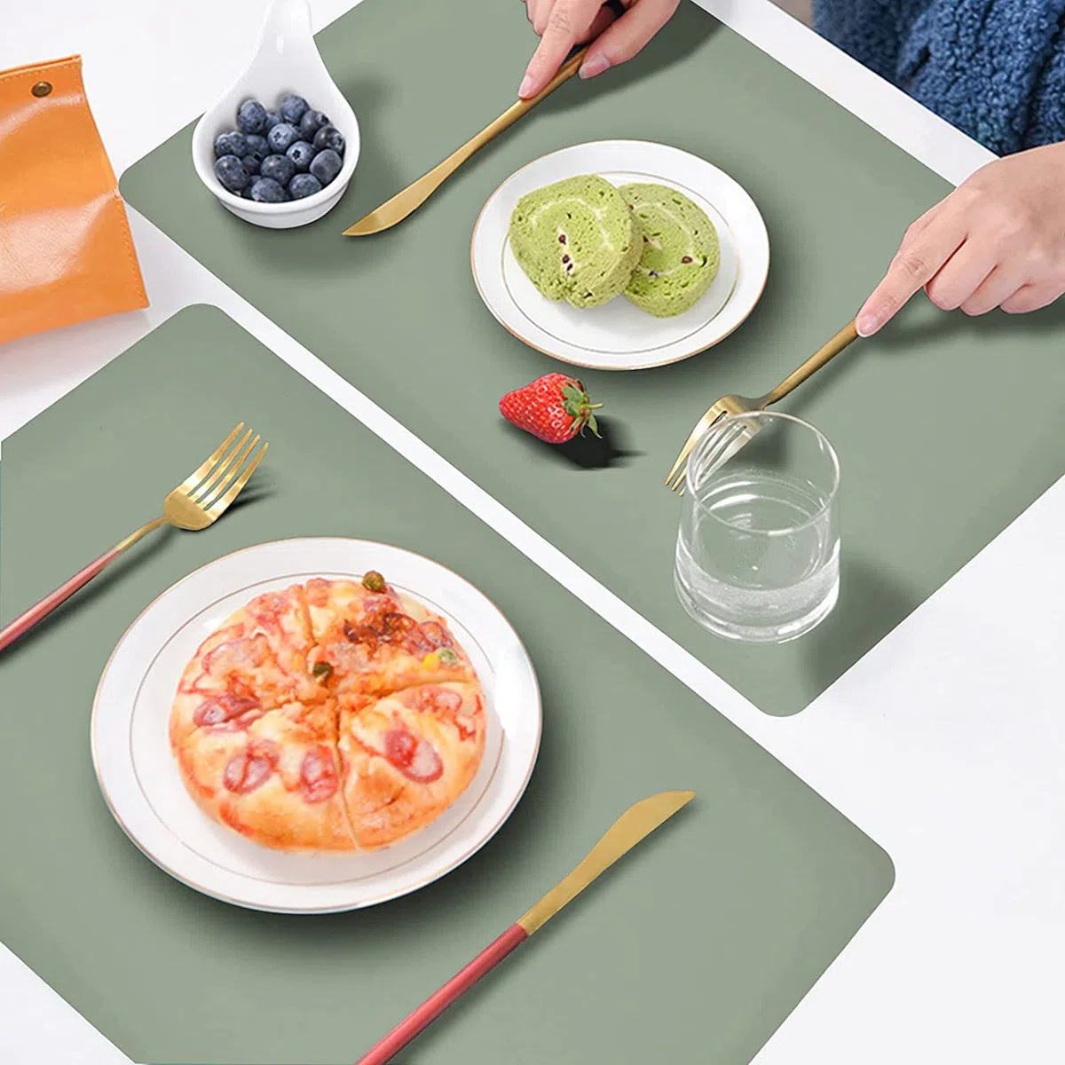 HELI MIAO Tischsets Abwaschbar,Platzsets Abwischbar, Leder,Hitzebeständig Doppelseitigen I 6er Set Platzdeckchen Lederoptik mit Untersetzer,Tischuntersetzer rutschfest,Salbeigrün