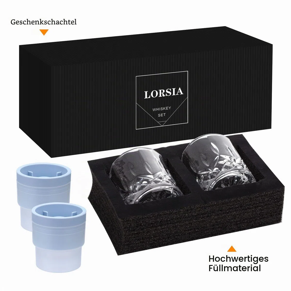 Whisky Gläser, 4er Set (2 Kristallgläser, 2 große Eiskugelformen) in Geschenkbox – 300 ml Whiskey für Scotch, Cocktail, Rum, Bourbon, Cognac, Wodka und Likör – Einzigartige Geschenke für Männer