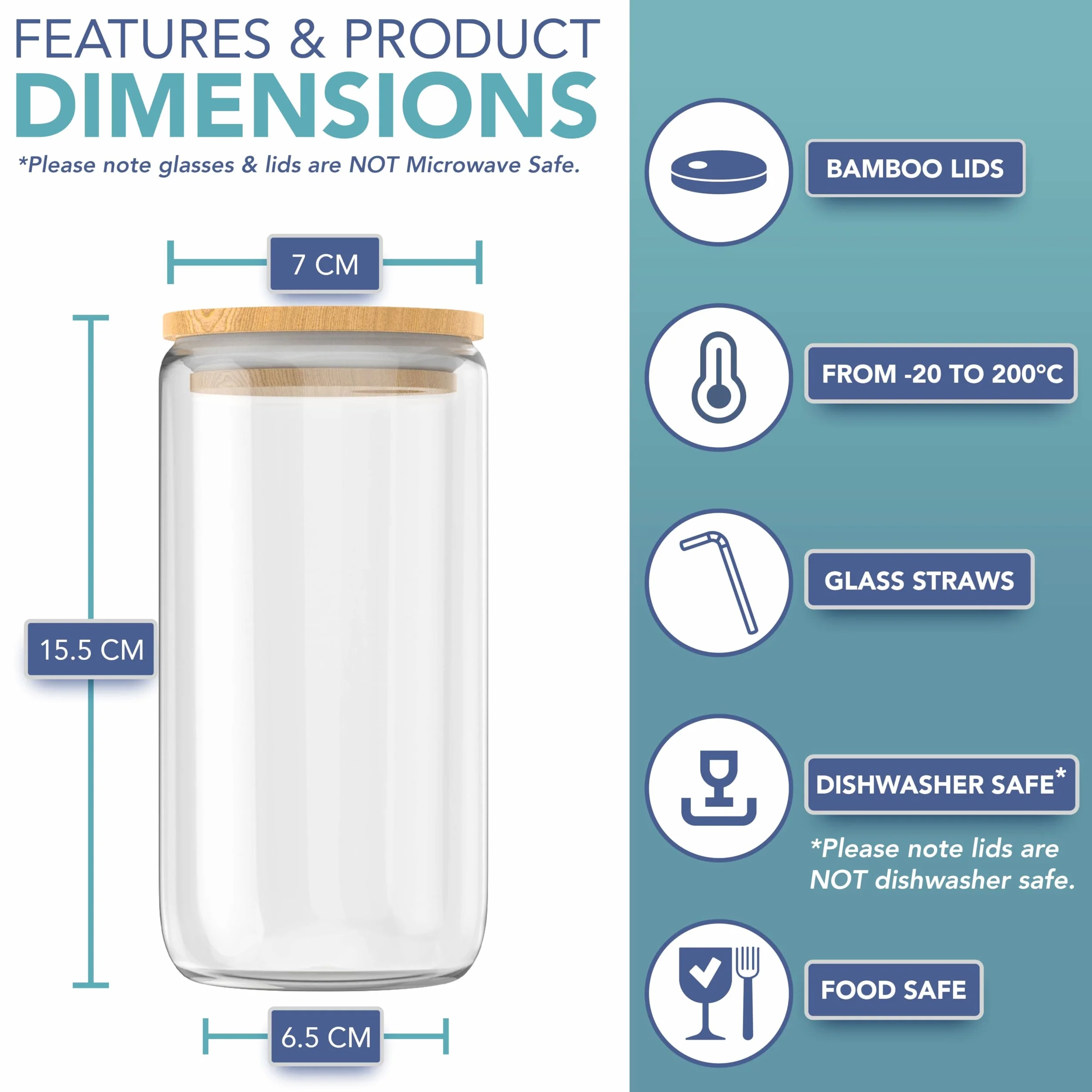 HEFTMAN Glasbecher mit Deckel und Strohhalmen, leere Gläser in Dosenform, 480 ml, mit luftdichten Bambusdeckeln, Glasstrohhalmen und Reinigungsbürste für Strohhalme, Eiskaffeeglas für Smoothies, Bier,