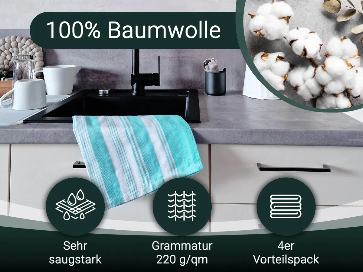 ZOLLNER 4er Set Geschirrtücher, ca. 50x70 cm, Baumwolle, Mint gestreift