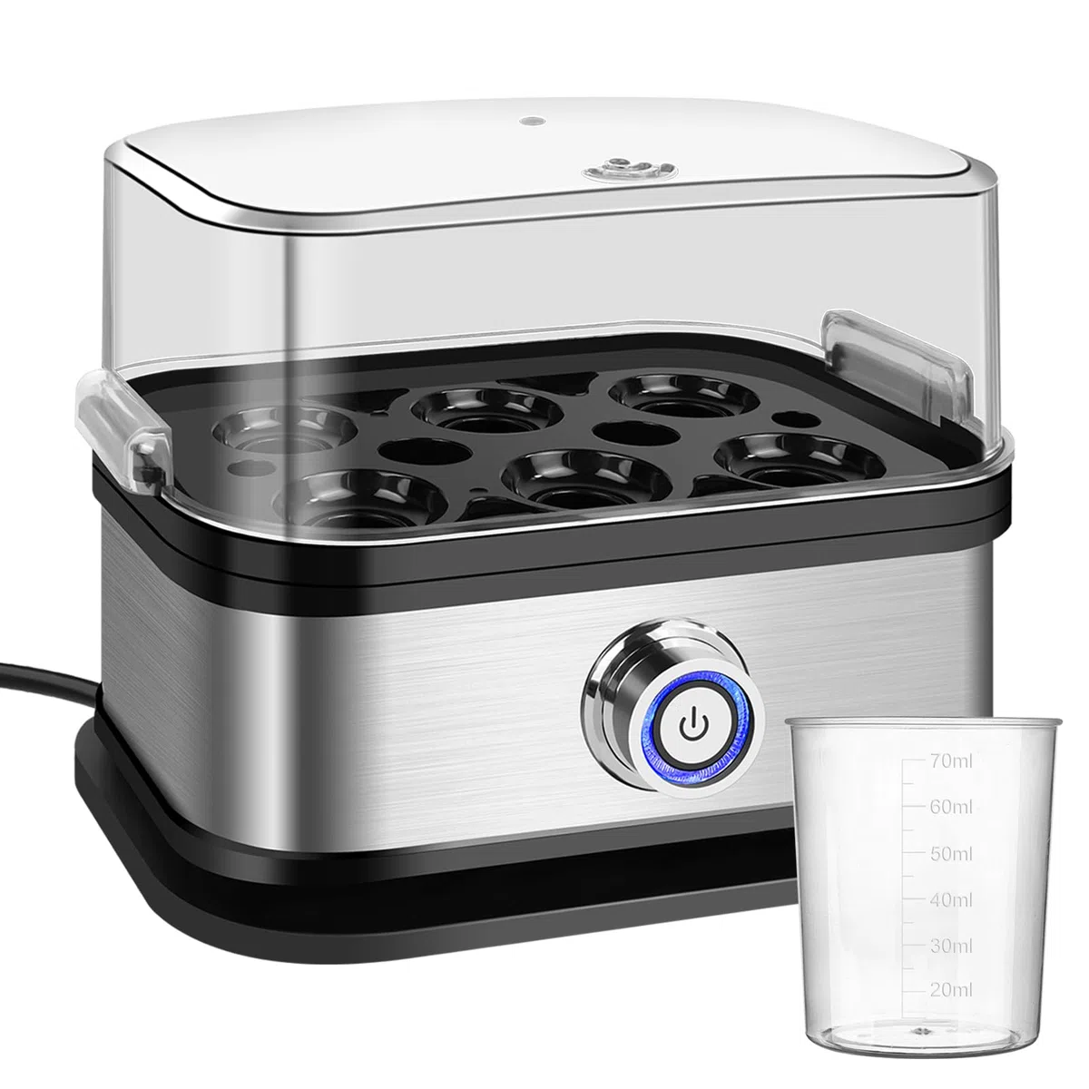 Eierkocher Edelstahl, 6 Eier Kapazität, für weich, mittel und hart gekocht, mit automatischer Abschaltung, herausnehmbarem Tablett, mit Wasserbecher, platzsparender Eierkocher für zu Hause, Küche