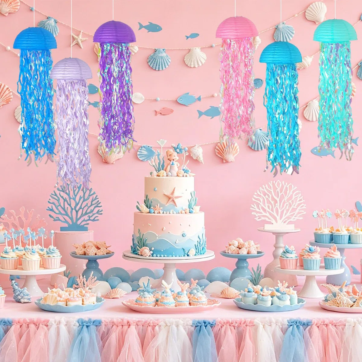 Cosiesnest 6 Stück Quallen Papierlaternen, Ozean Lampions Lampenschirm Unter dem, Partydekorationen mit Glitzer Quasten für Meerjungfrau Geburtstag, Ozean Thema Party Lieferungen& zimmer Deko (2)