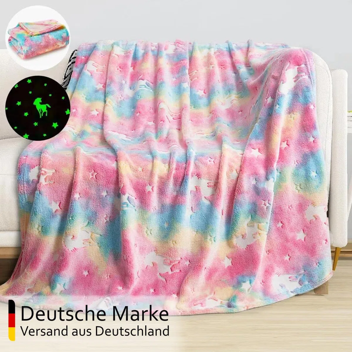 Flauschige Kinderdecke, Kuscheldecke mit leuchtenden Motiven wie Einhorn, Dino, Weltraum und Gaming - Weiche Fleecedecke für Mädchen und Jungen, (Rosa Einhorn, 150X130)
