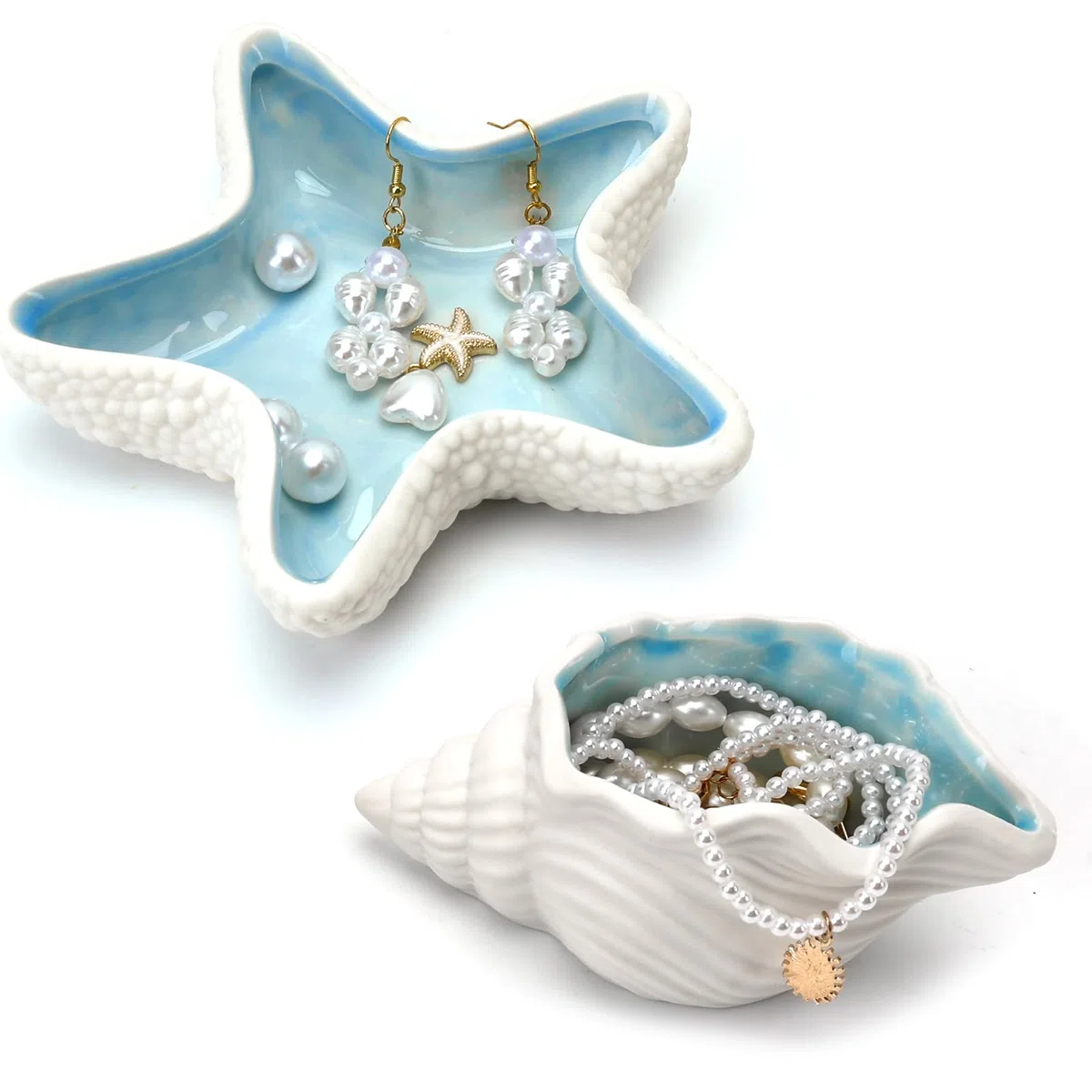 2 Stück Schmuckschale Keramik, Seestern Schmucktabletts, Muschel Deko Schalen, Porzellan Schmuckteller Set, Deko Tablett Keramik Flur, Jewelry Tray für Ringe Ohrringe Halsketten Lippenstifte