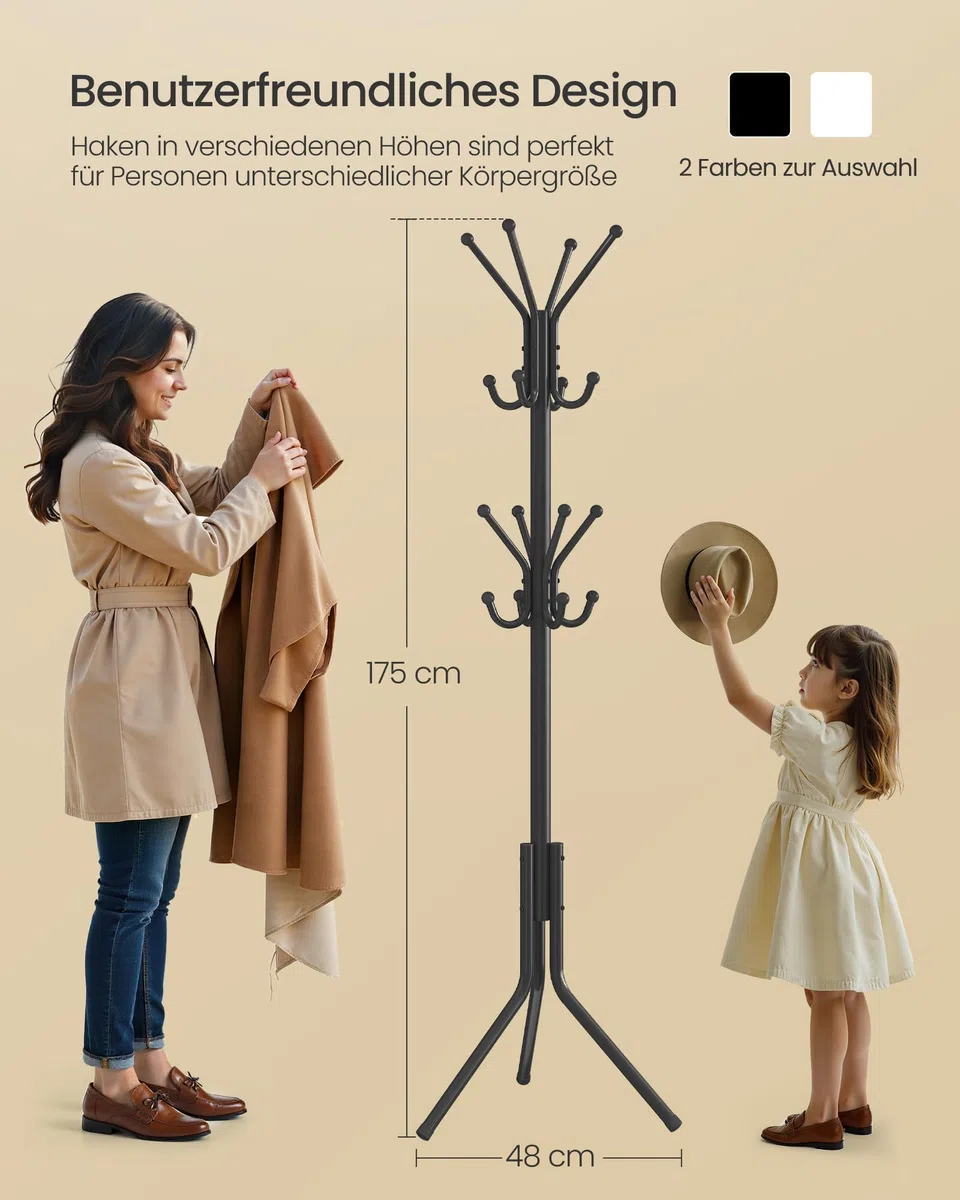 SONGMICS Kleiderständer, Garderobenständer aus Metall, Garderobe, für Kleidung, Taschen und Hüte, Höhe 175 cm, mit 16 Haken, Eingangsbereich, Wohnzimmer, Schlafzimmer, tintenschwarz RCR081BH01