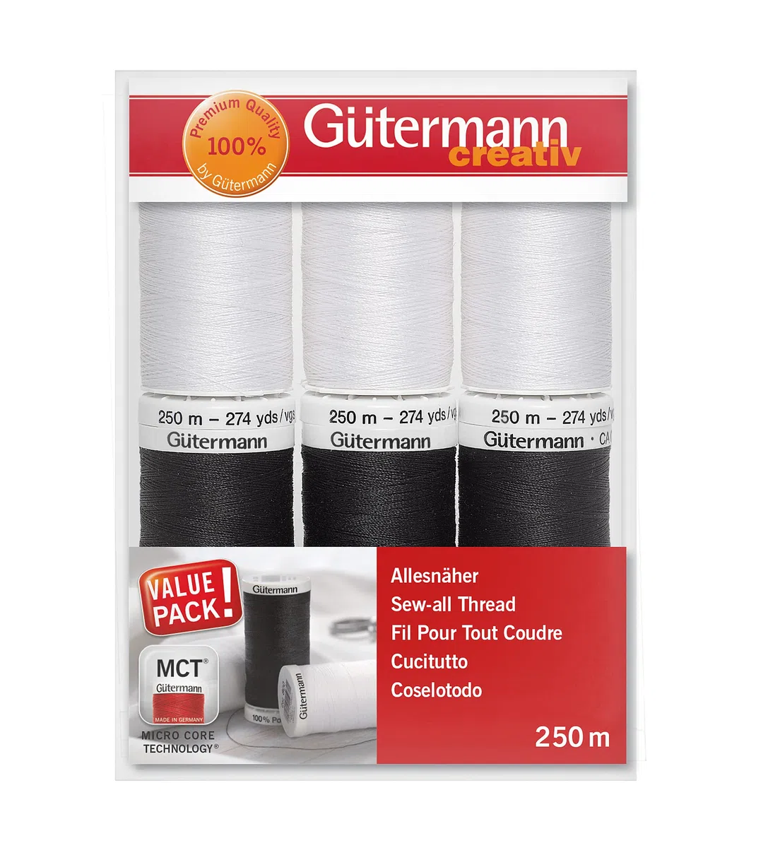 Gütermann creativ Nähfaden-Set mit 6 Spulen Allesnäher 250 m in Schwarz und Weiß 734000-6