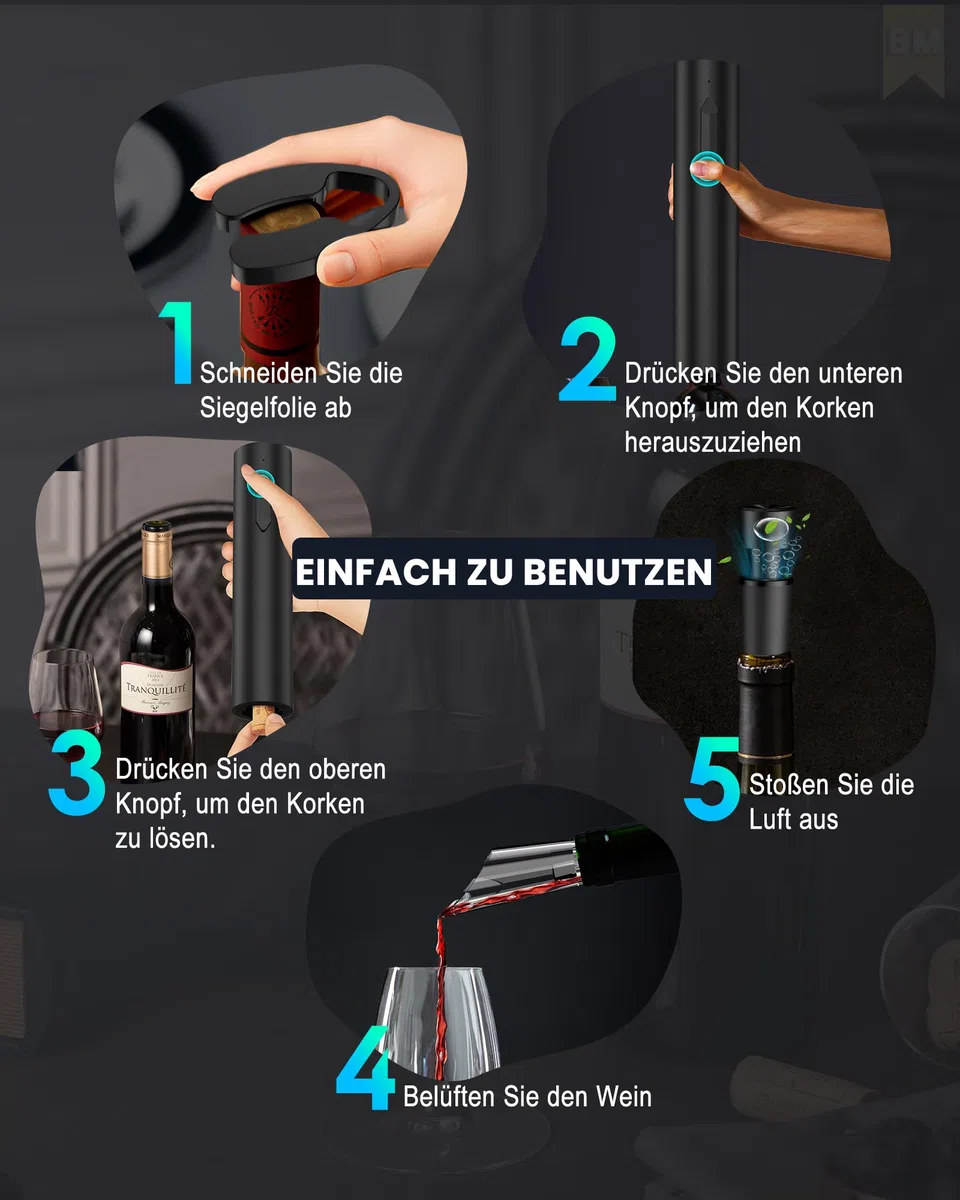 Elektrischer Korkenzieher Wein, Wiederaufladbarer Elektrischer Weinöffner Geschenk Set mit Flaschenöffner, Aufbewahrungsbasis, Weinausgießer, 2 Wein Vakuumpumpe, Kapselschneider und USB-Kabel