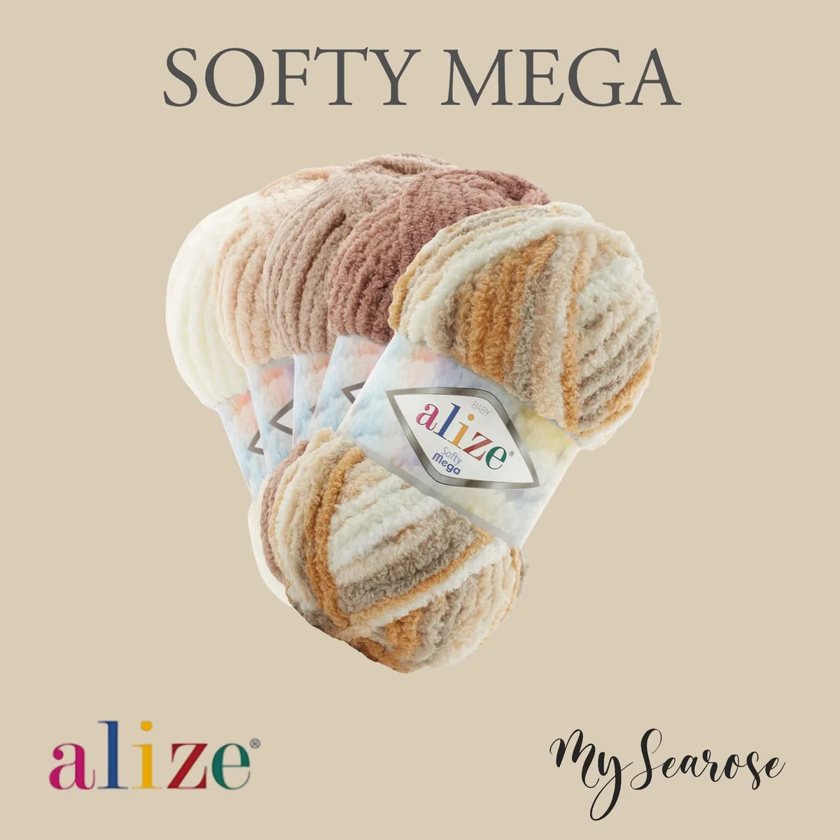 ALIZE Softy Mega 60 Black Premium Wolle 3 x 100g Superweiches bulky Chenillegarn für Stricken & Häkeln von Decken, Kissen, Amigurumi und Accessoires mit mySearose Label
