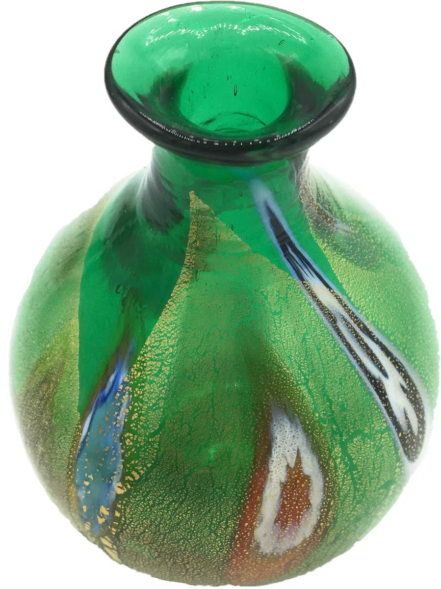 Flasche Kollektion Murano Glas Murrina Blatt Gold Made in Italy (rund, grün, Ø 7 H 7 cm)