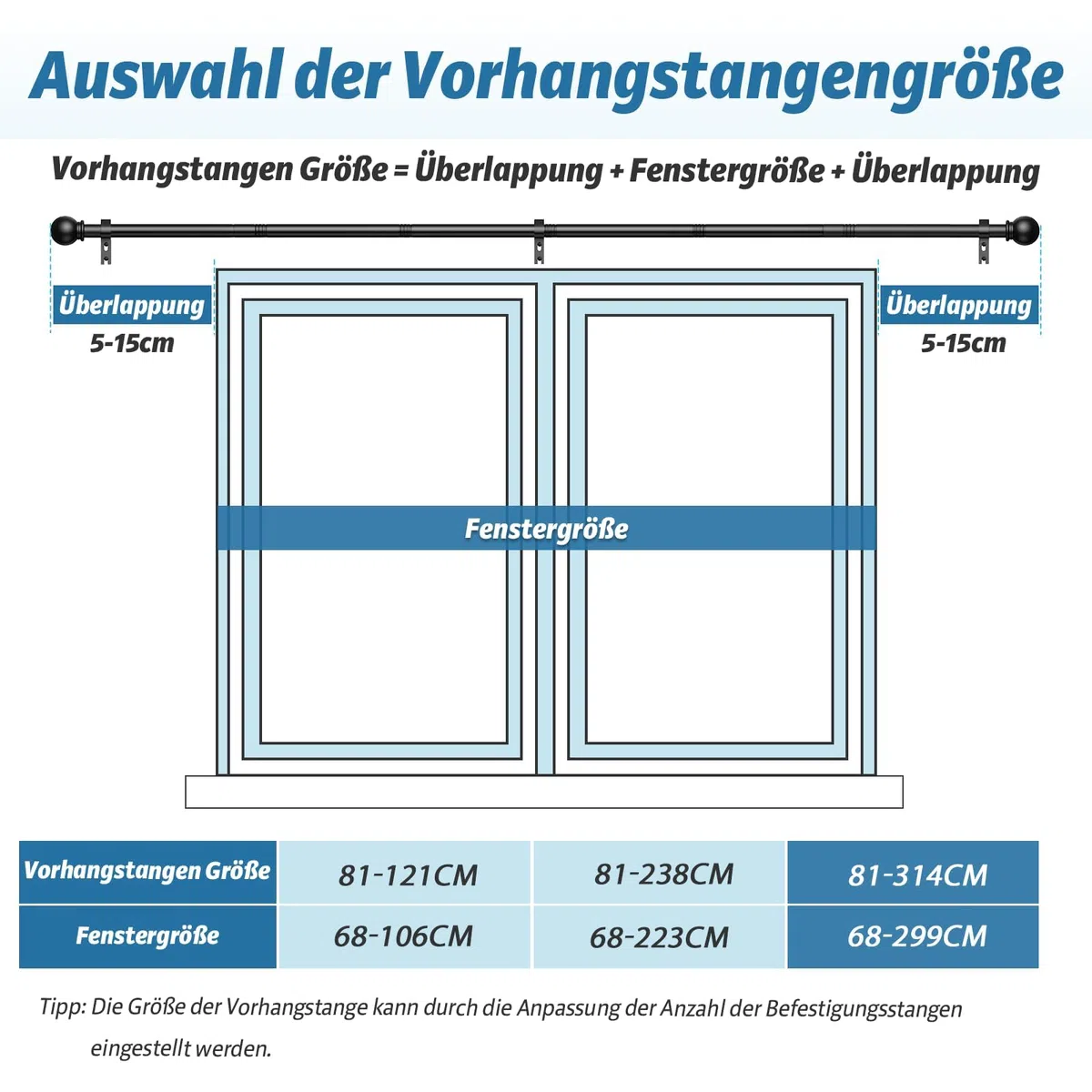 Gardinenstange Schwarz 81-314cm, Vorhangstange Schwarz 16 mm Durchmesser, Metall Gardinenstange mit Kugelkopf Enden für Schlafzimmer, Wohnzimmer und Küchen, Schwarz Matt
