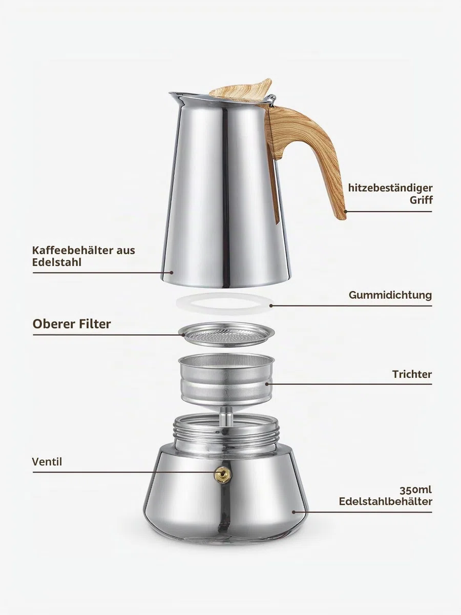 Yabano Mokkakanne, 6 Tassen Edelstahl Herd Espressokocher für Induktion, 350 ml italienische Kaffeemaschine für Gas- und Elektroherde, langlebige Espressokanne für Zuhause & Camping
